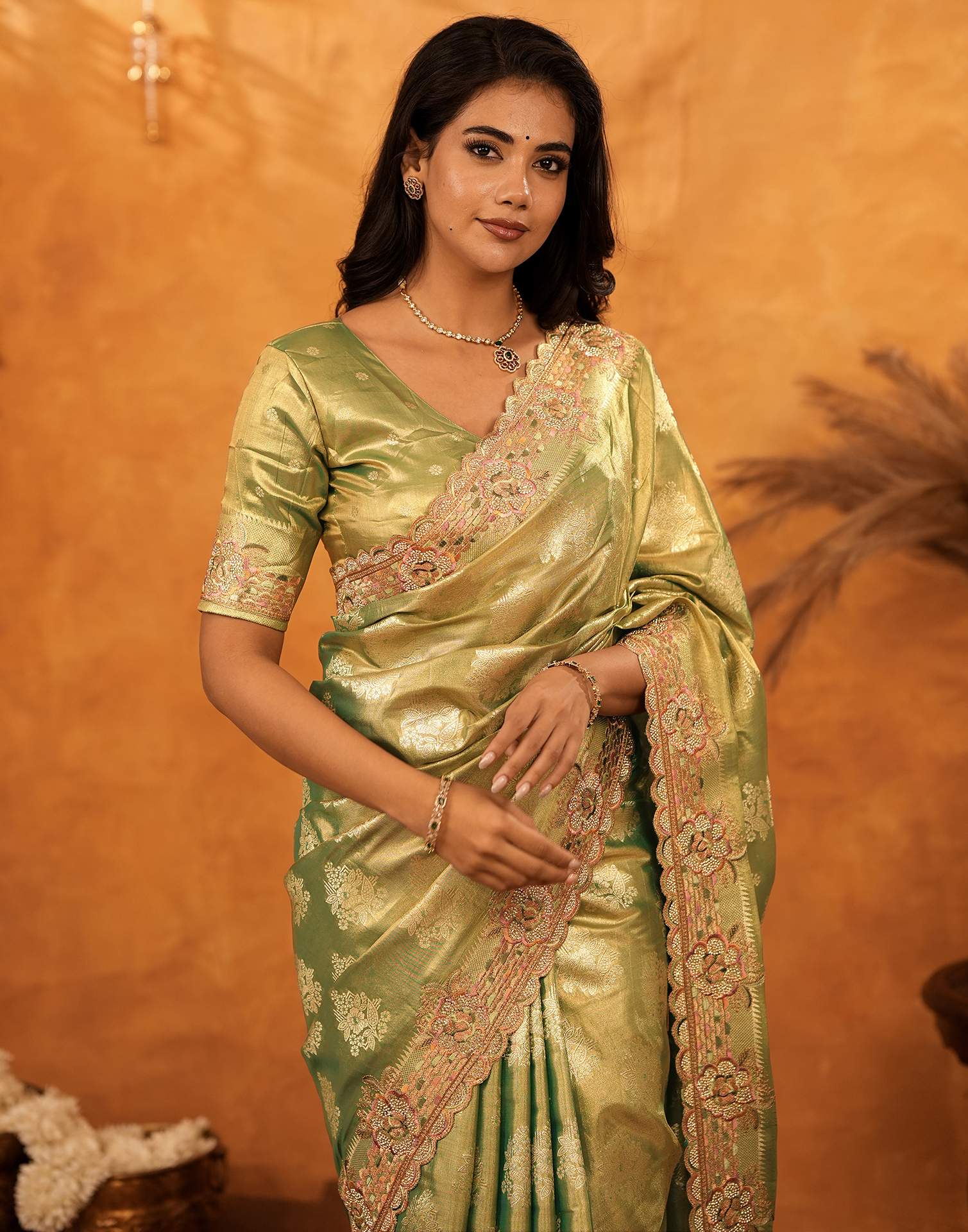 Dark Pista Green Silk Woven Embroidery Stone Work Banarasi Saree - Image 11