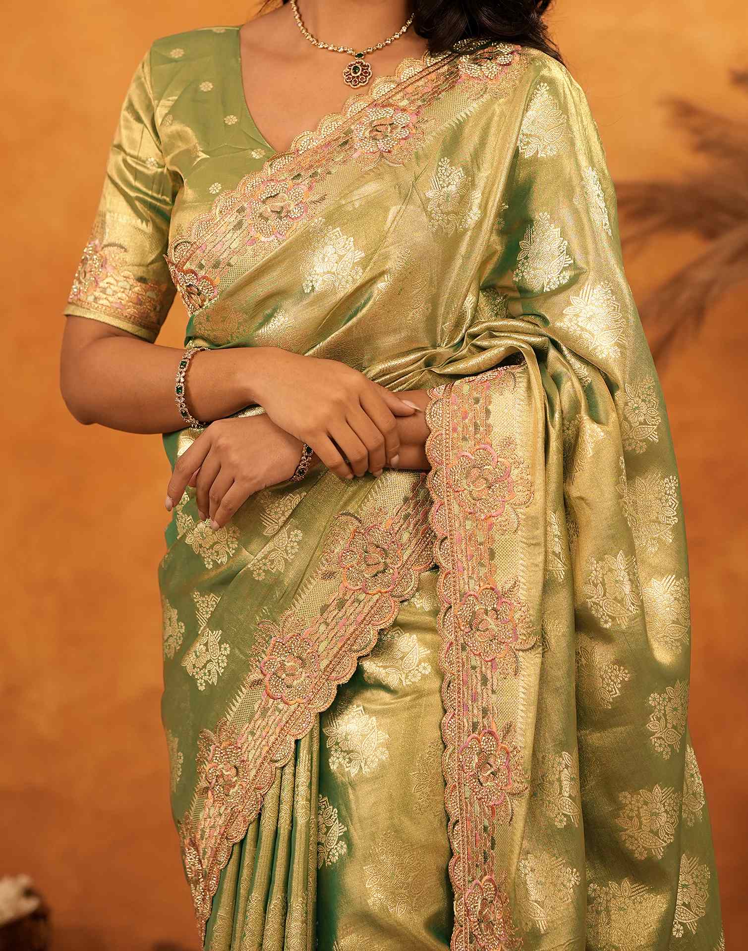 Dark Pista Green Silk Woven Embroidery Stone Work Banarasi Saree - Image 12