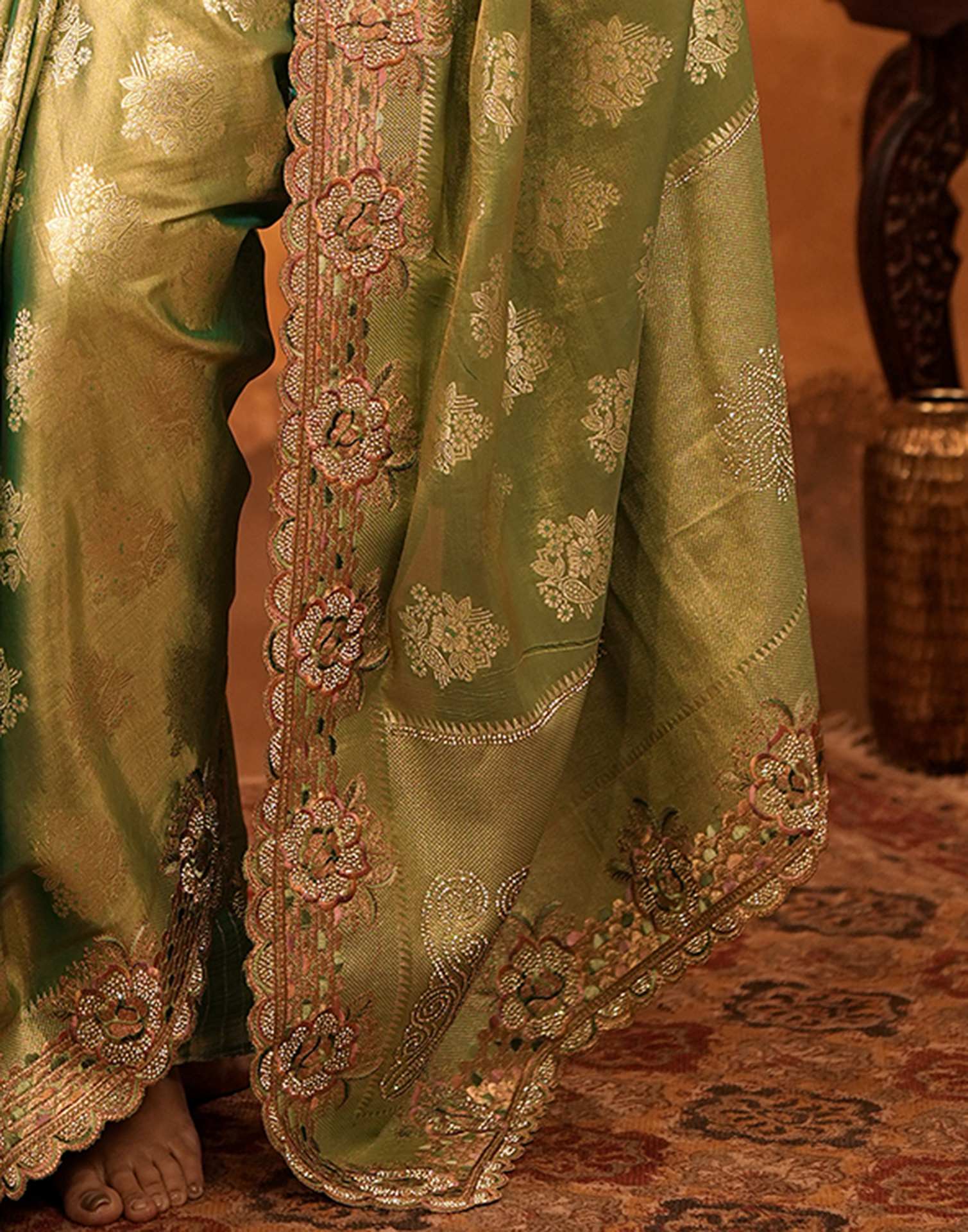 Dark Pista Green Silk Woven Embroidery Stone Work Banarasi Saree - Image 13