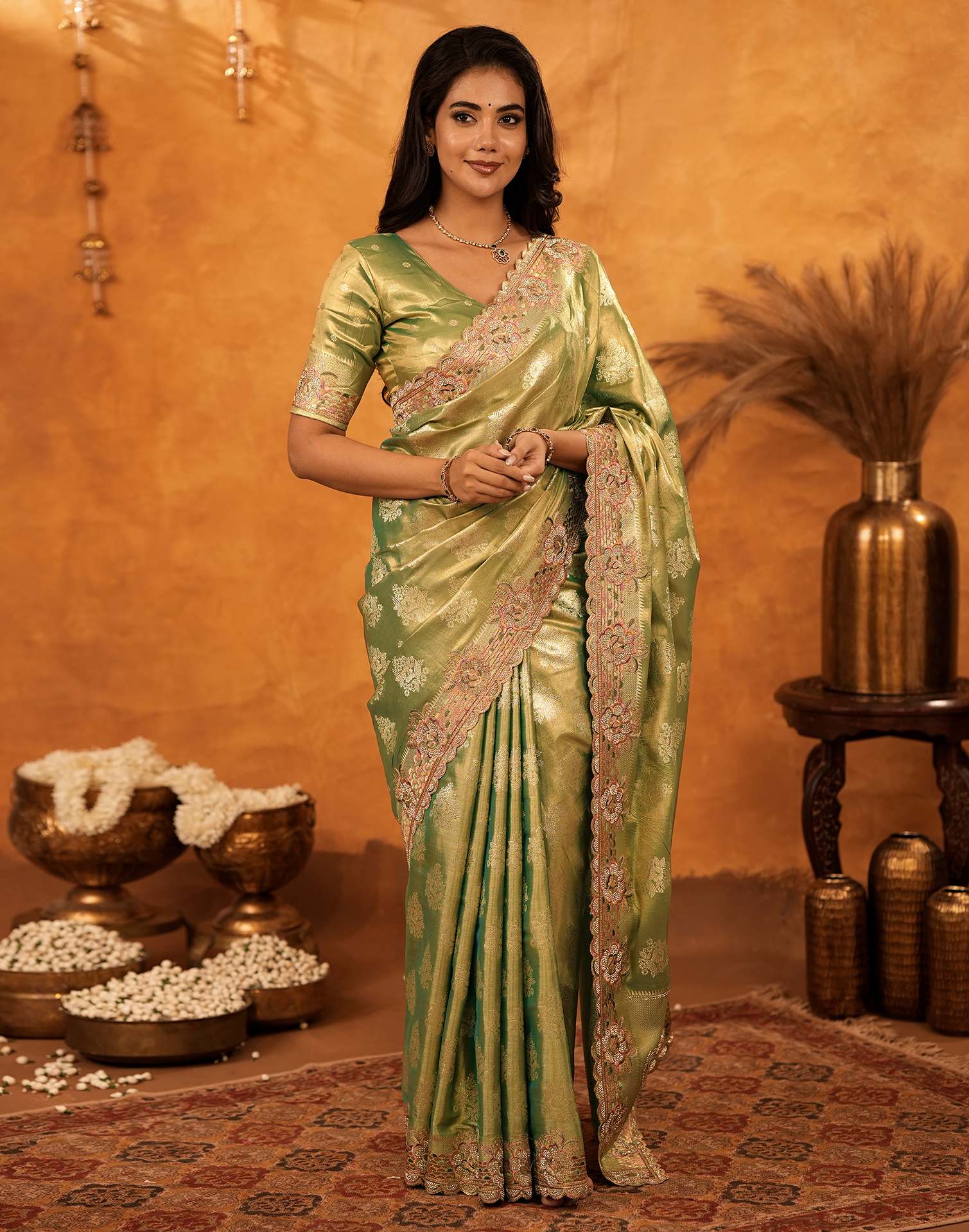 Dark Pista Green Silk Woven Embroidery Stone Work Banarasi Saree - Image 2