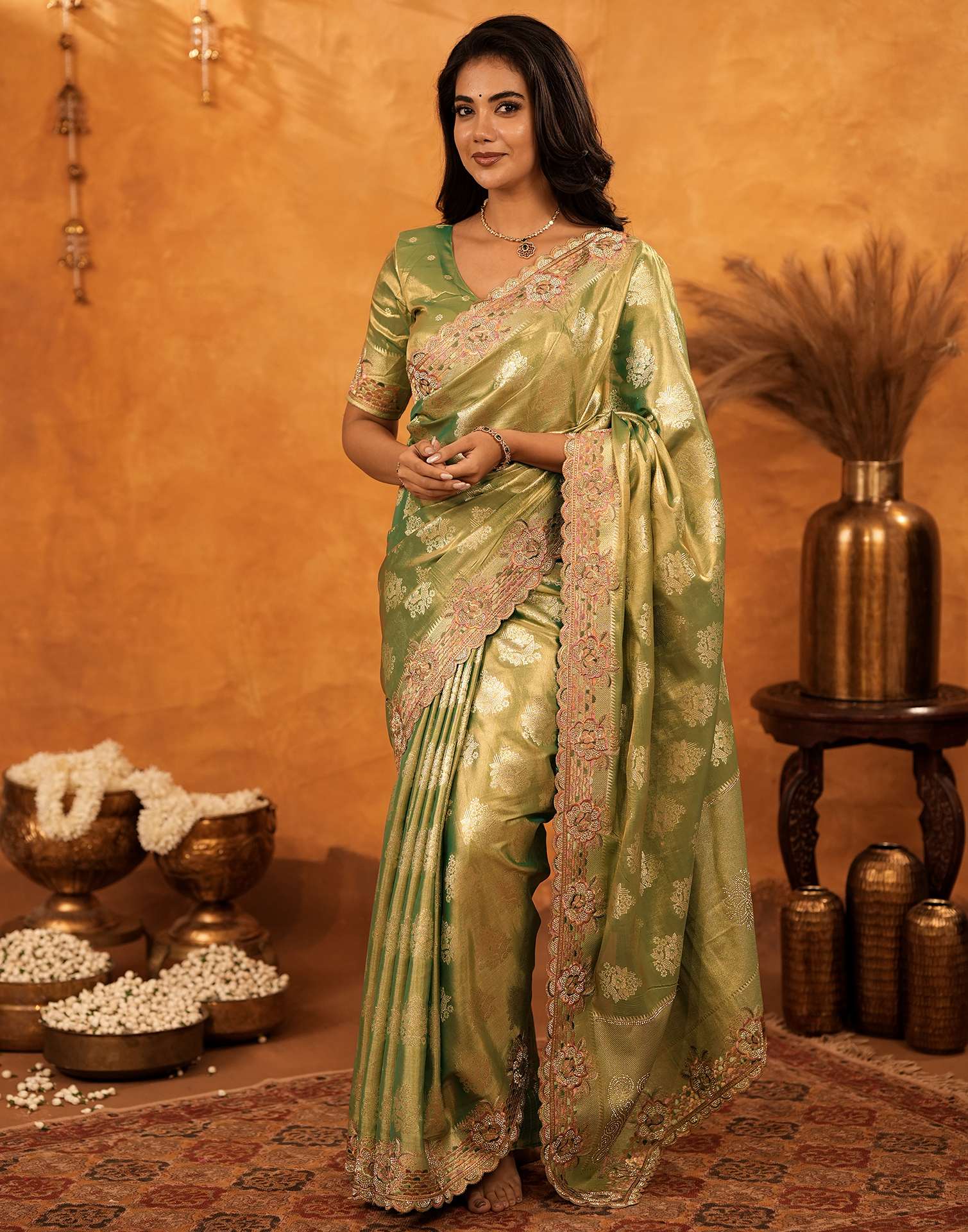 Dark Pista Green Silk Woven Embroidery Stone Work Banarasi Saree - Image 5
