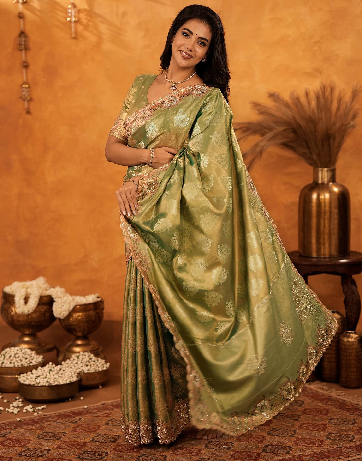 Dark Pista Green Silk Woven Embroidery Stone Work Banarasi Saree - Image 6