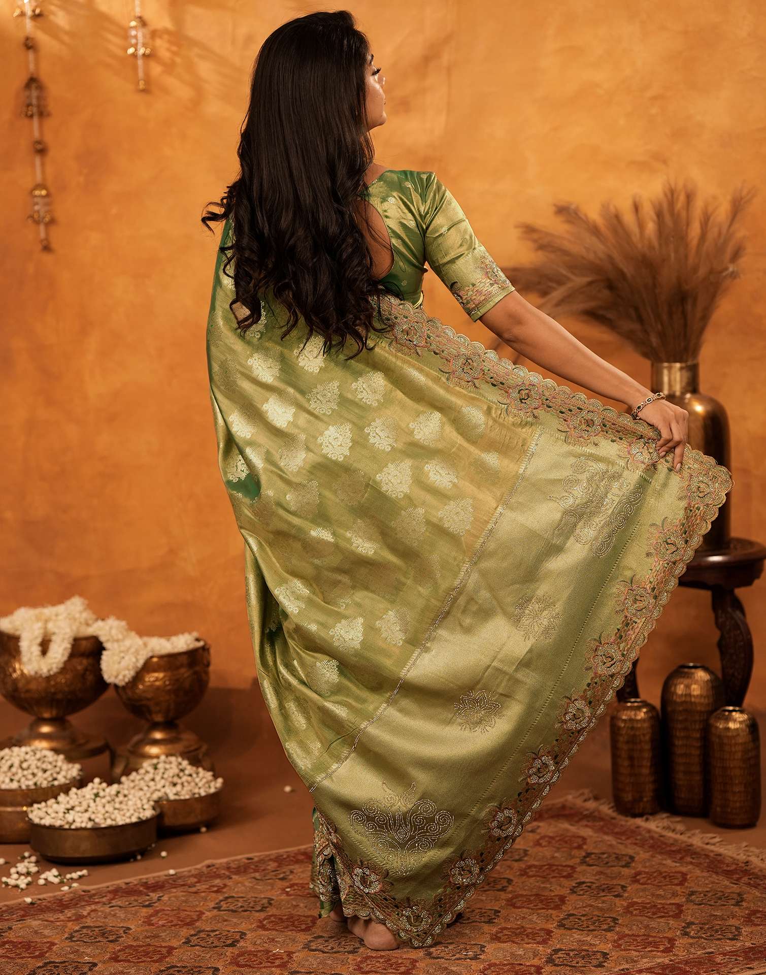 Dark Pista Green Silk Woven Embroidery Stone Work Banarasi Saree - Image 7