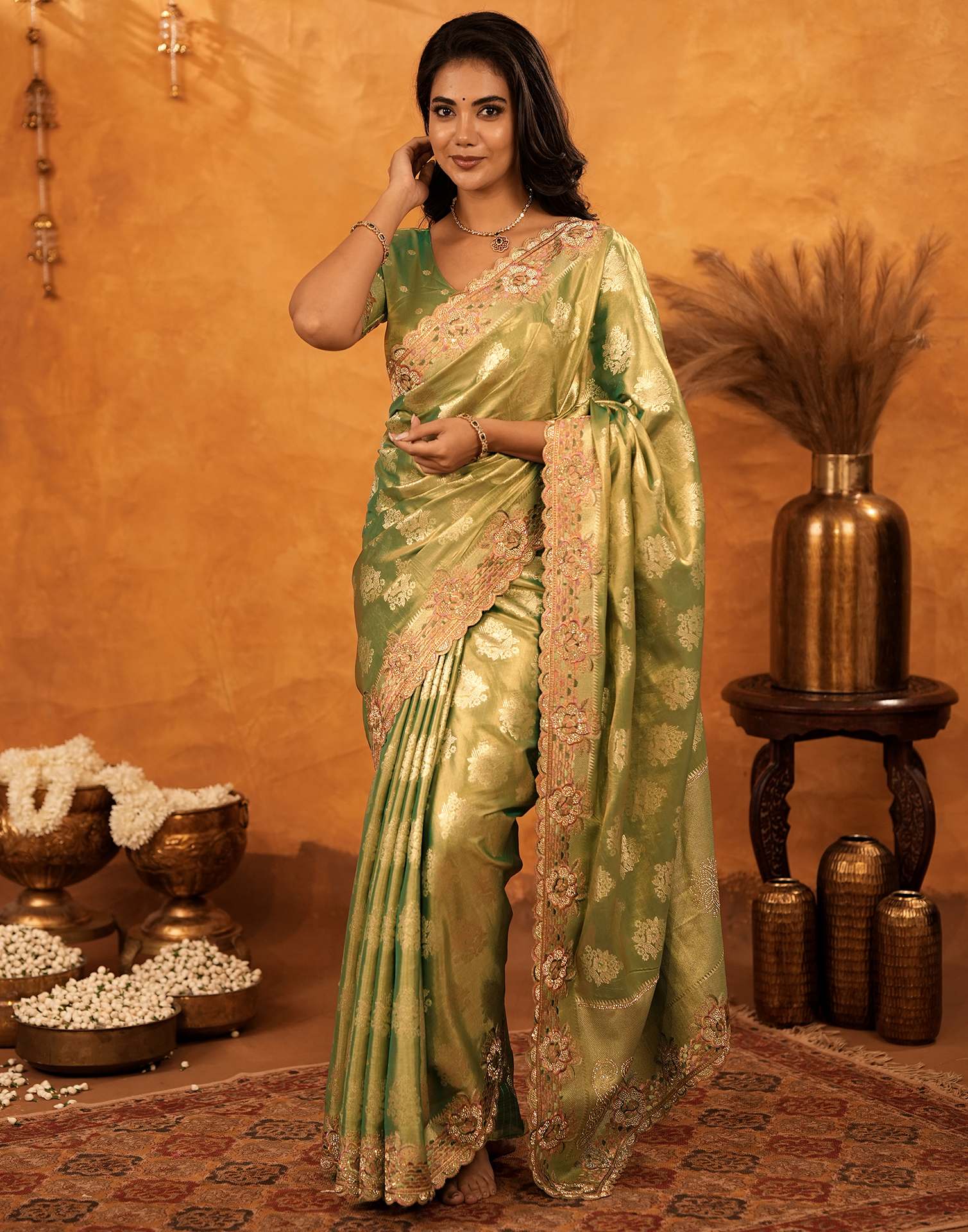 Dark Pista Green Silk Woven Embroidery Stone Work Banarasi Saree - Image 8