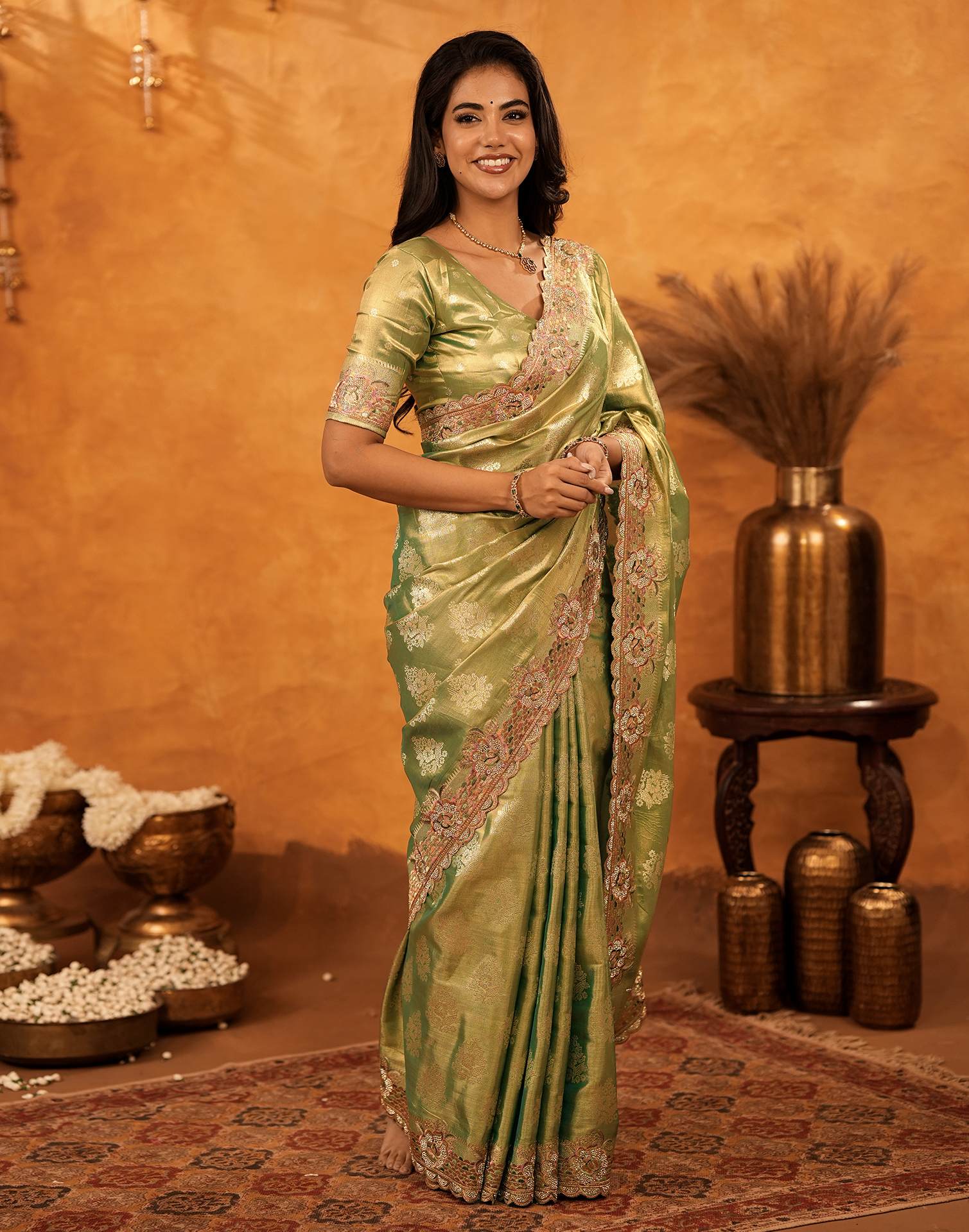 Dark Pista Green Silk Woven Embroidery Stone Work Banarasi Saree - Image 9