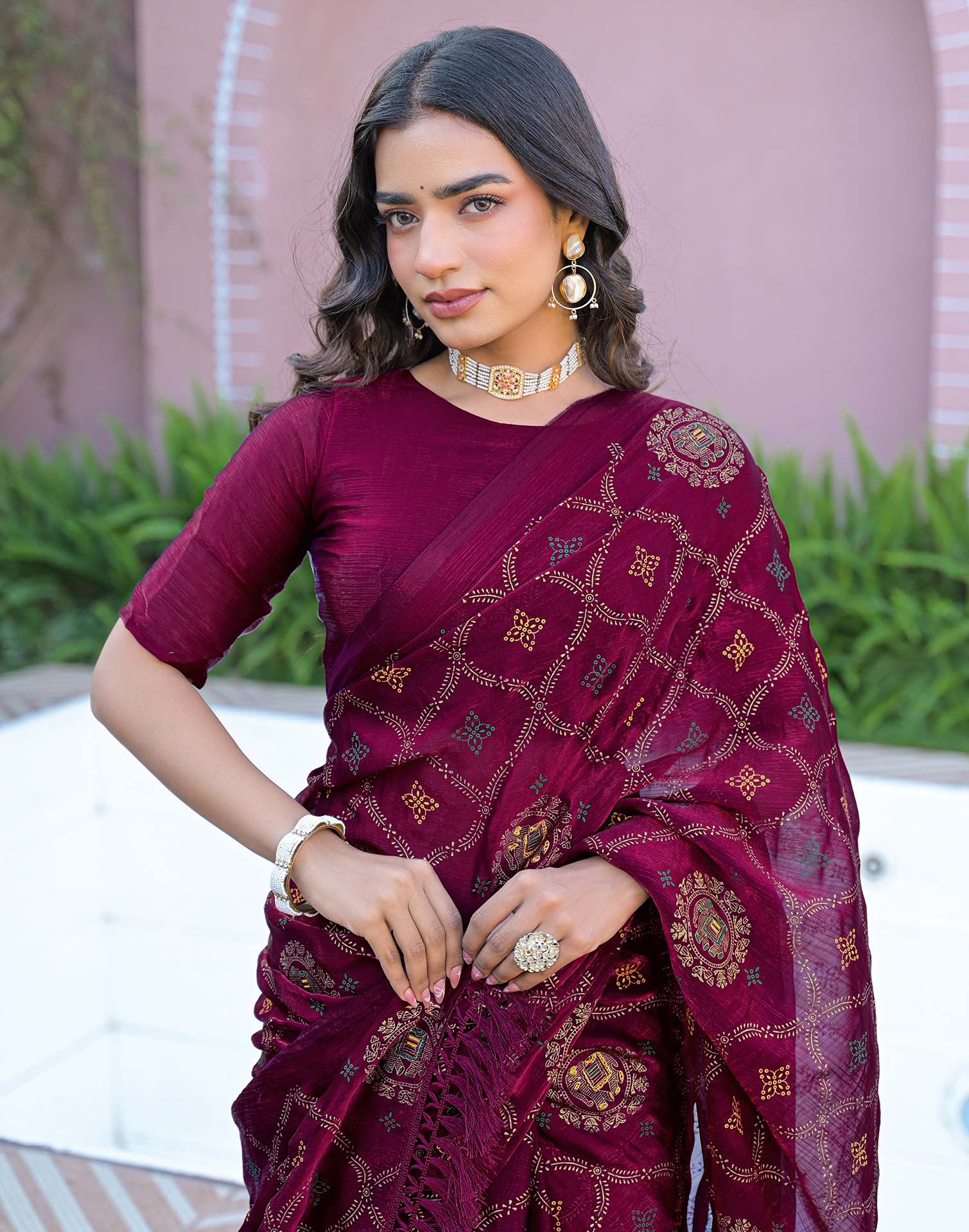 Dark Purple Chiffon Foil Printed Saree - Image 2
