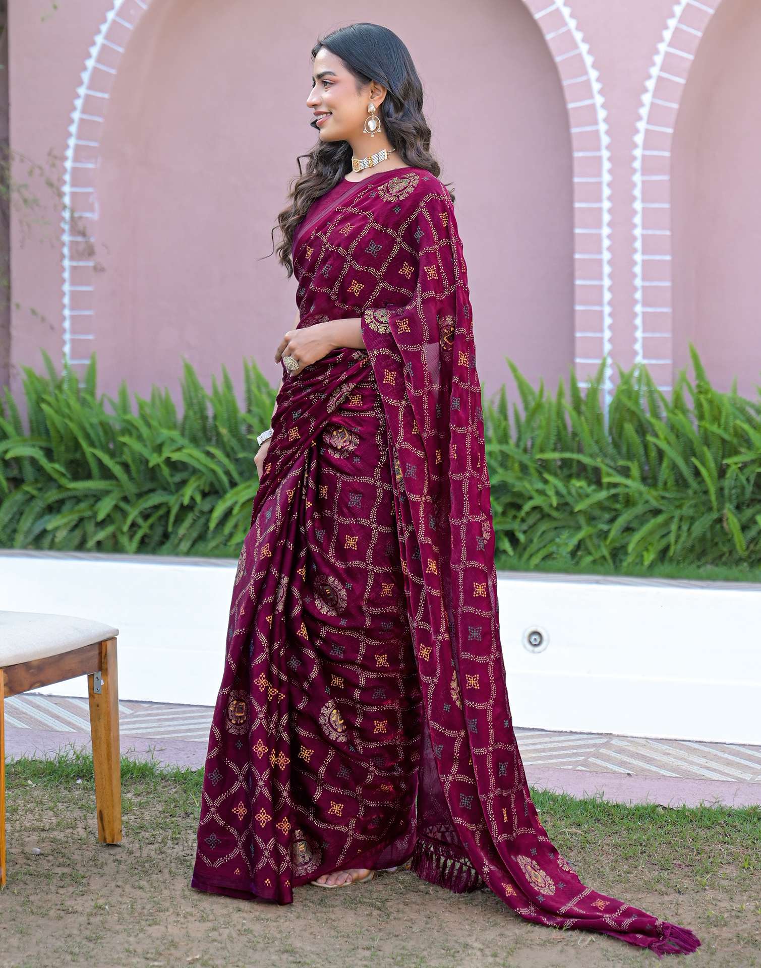 Dark Purple Chiffon Foil Printed Saree - Image 4