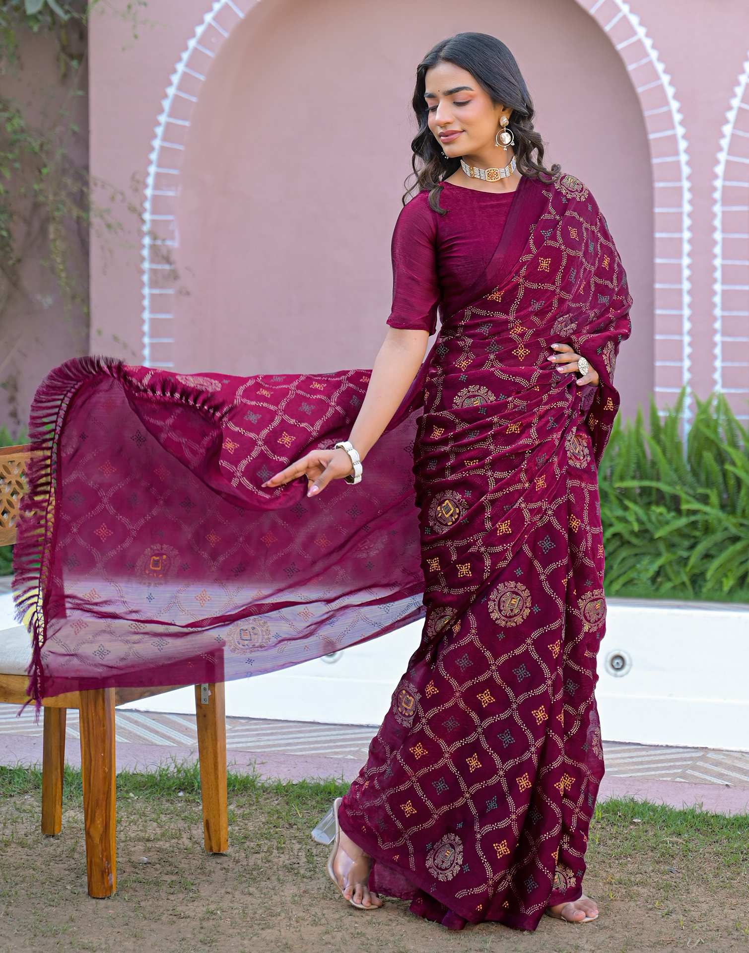 Dark Purple Chiffon Foil Printed Saree - Image 5