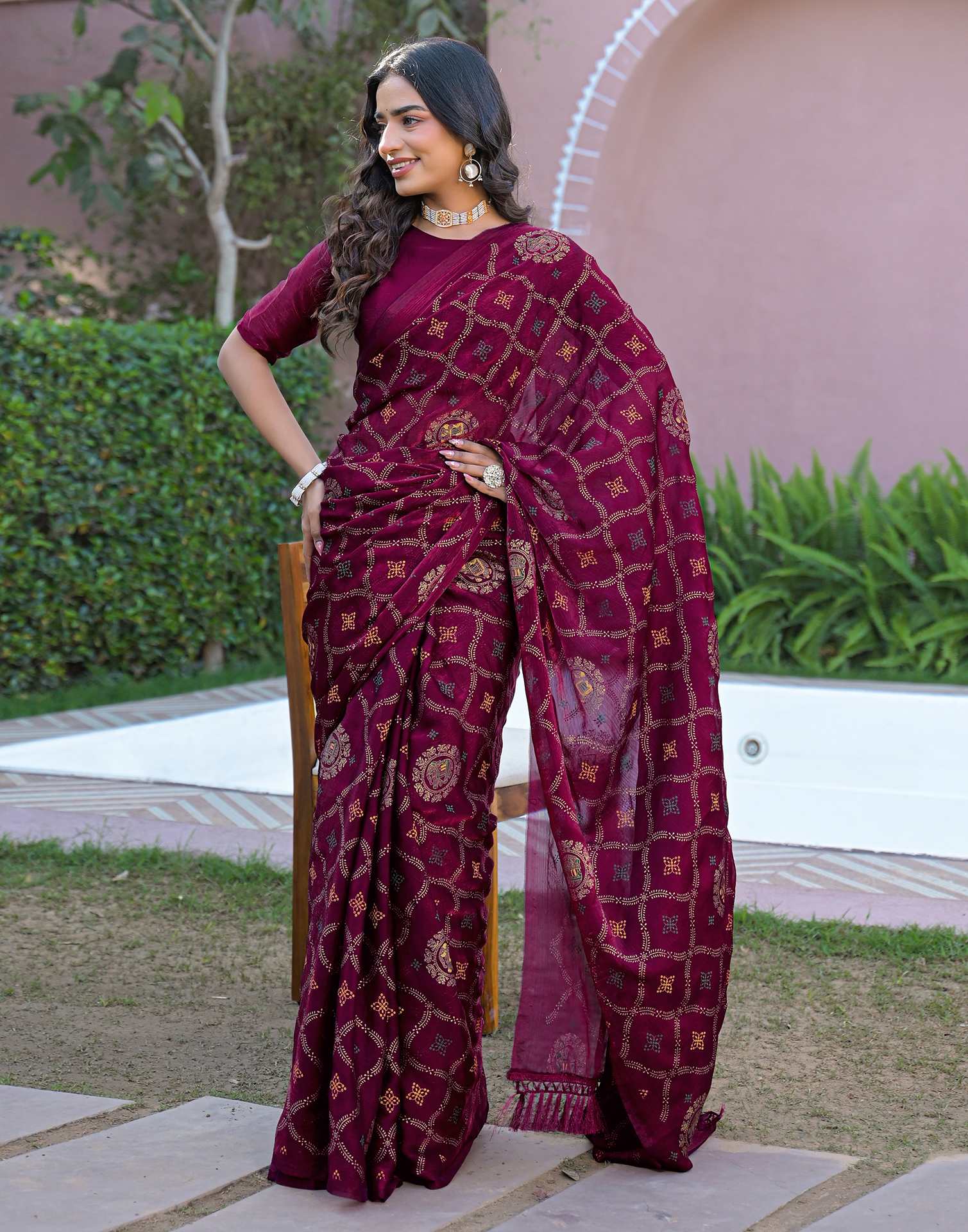 Dark Purple Chiffon Foil Printed Saree - Image 7