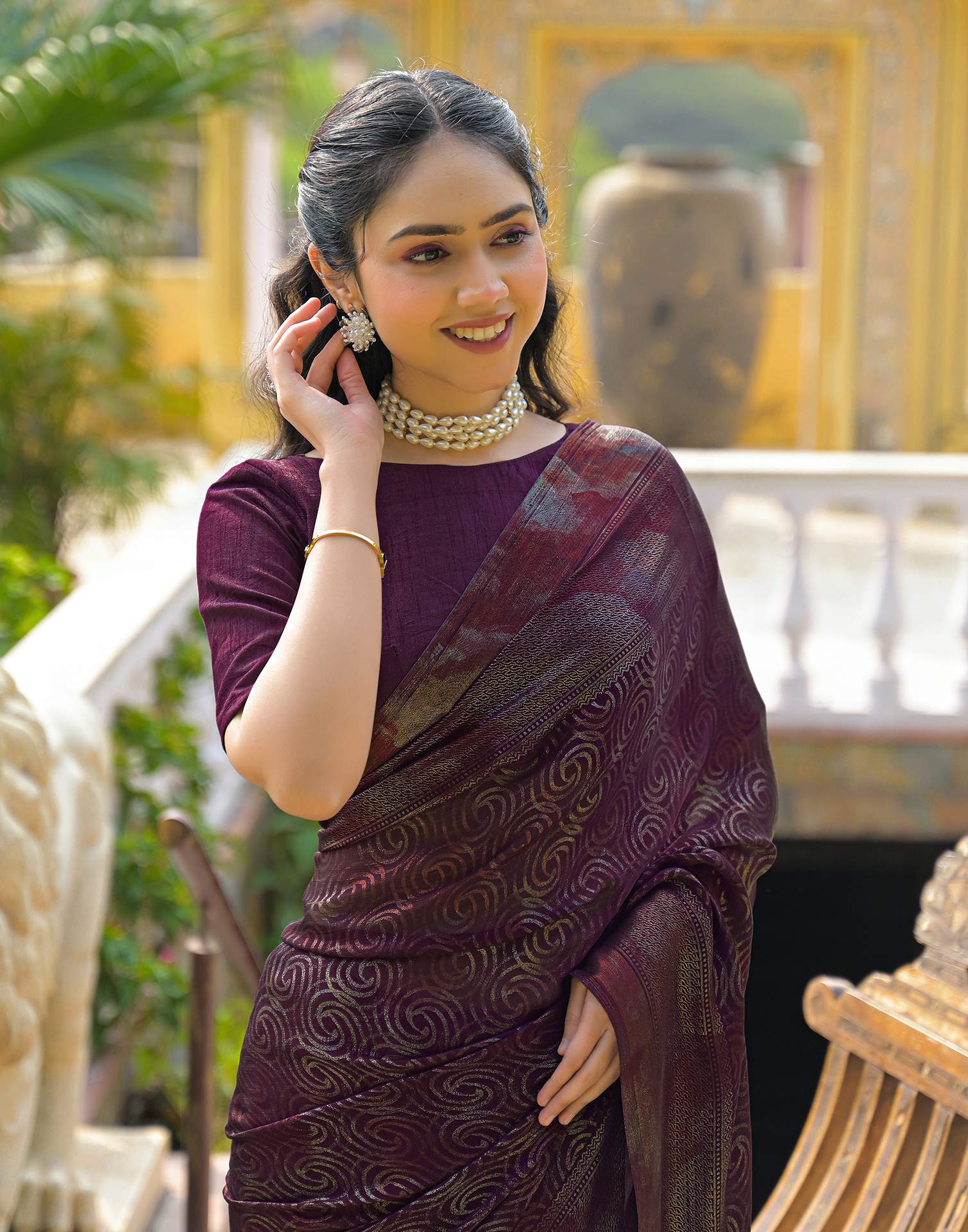 Dark Purple Chiffon Foil Printed Saree - Image 2