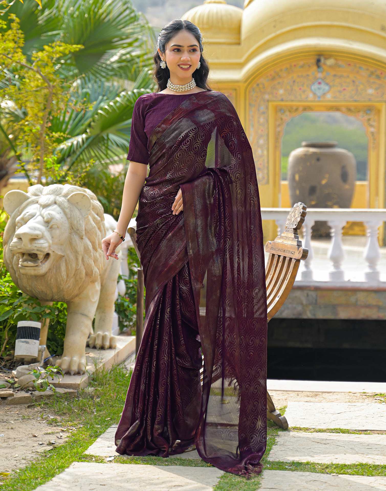 Dark Purple Chiffon Foil Printed Saree - Image 4