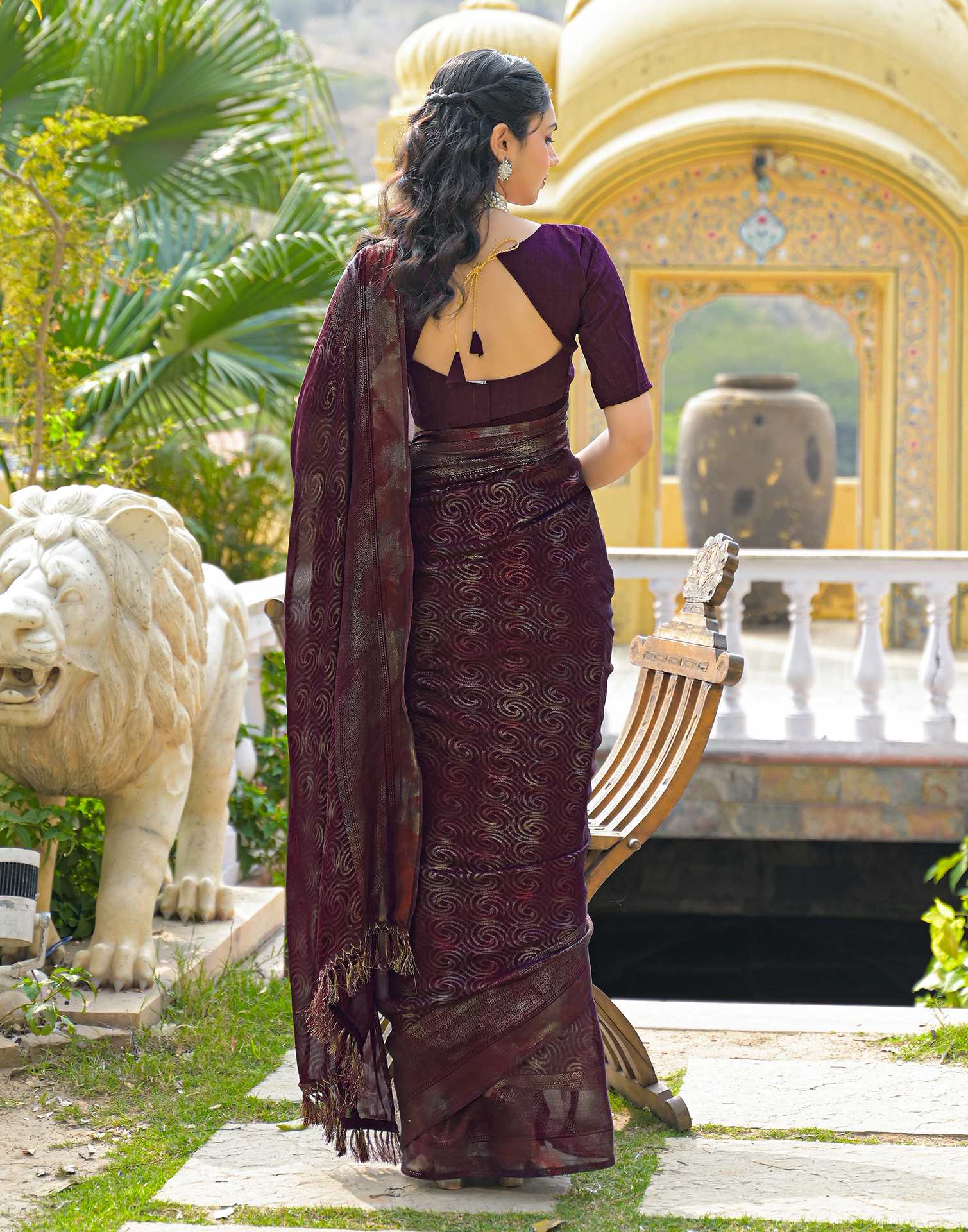 Dark Purple Chiffon Foil Printed Saree - Image 6