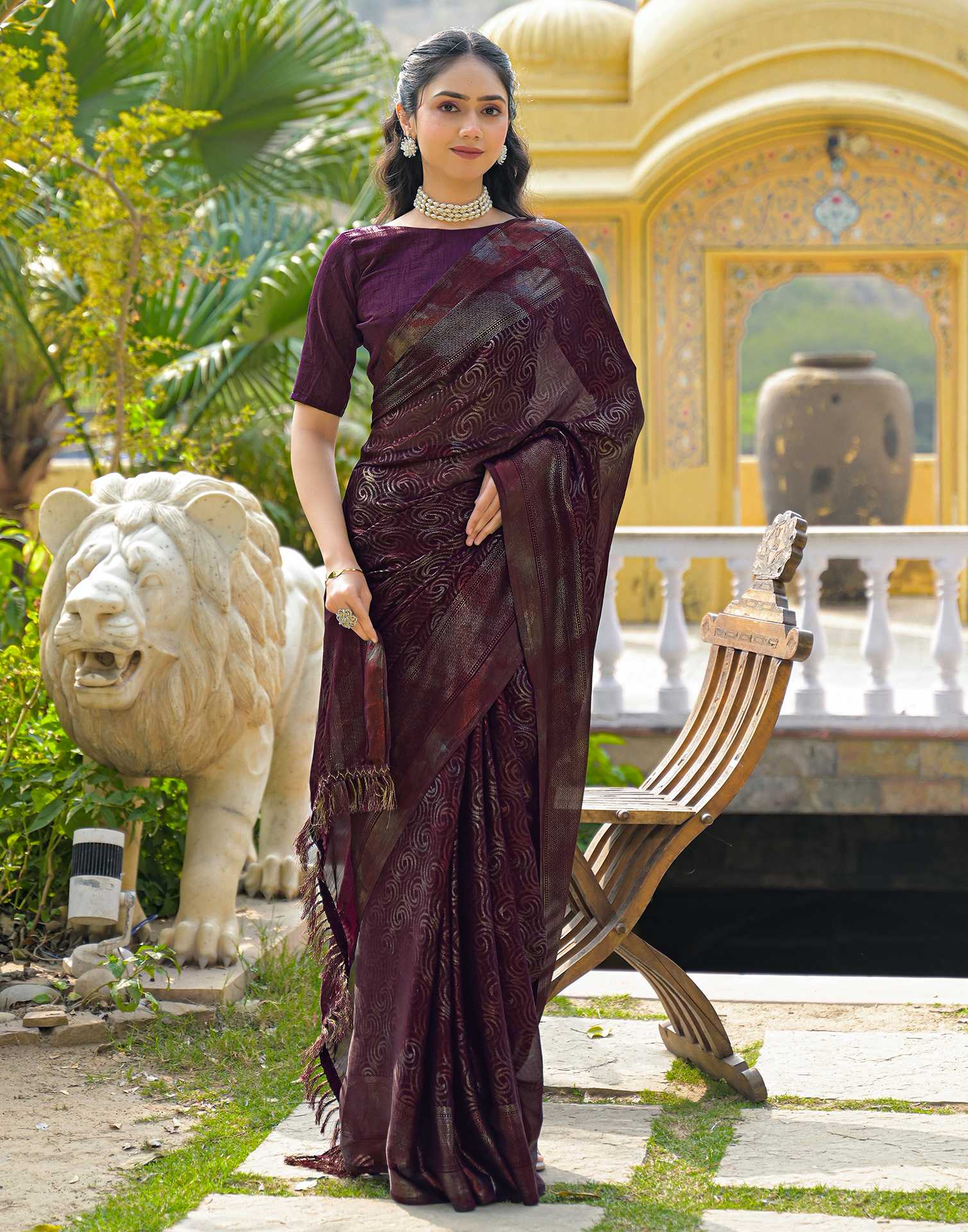 Dark Purple Chiffon Foil Printed Saree - Image 7