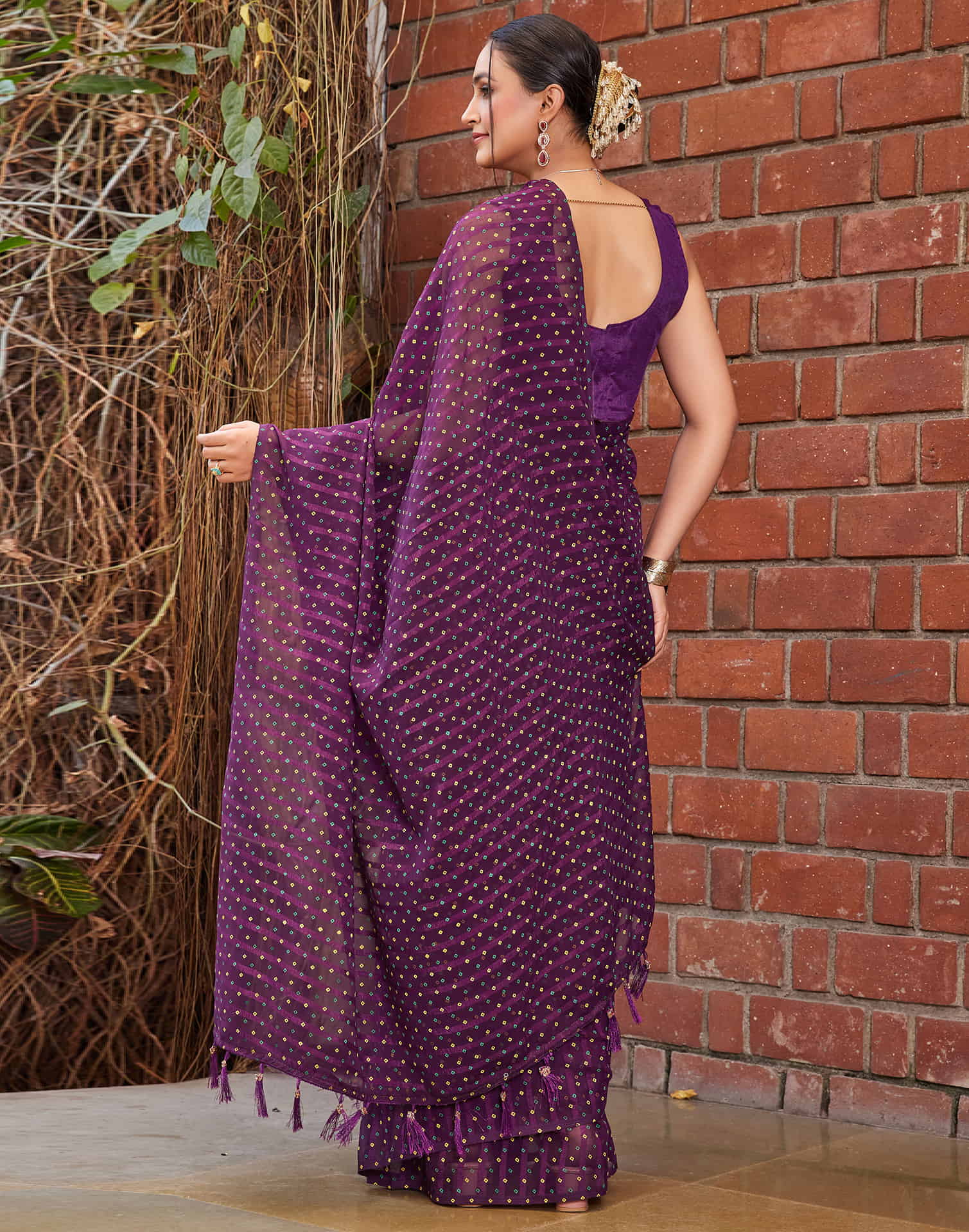 Dark Purple Chiffon Printed Bandhani Saree - Image 6