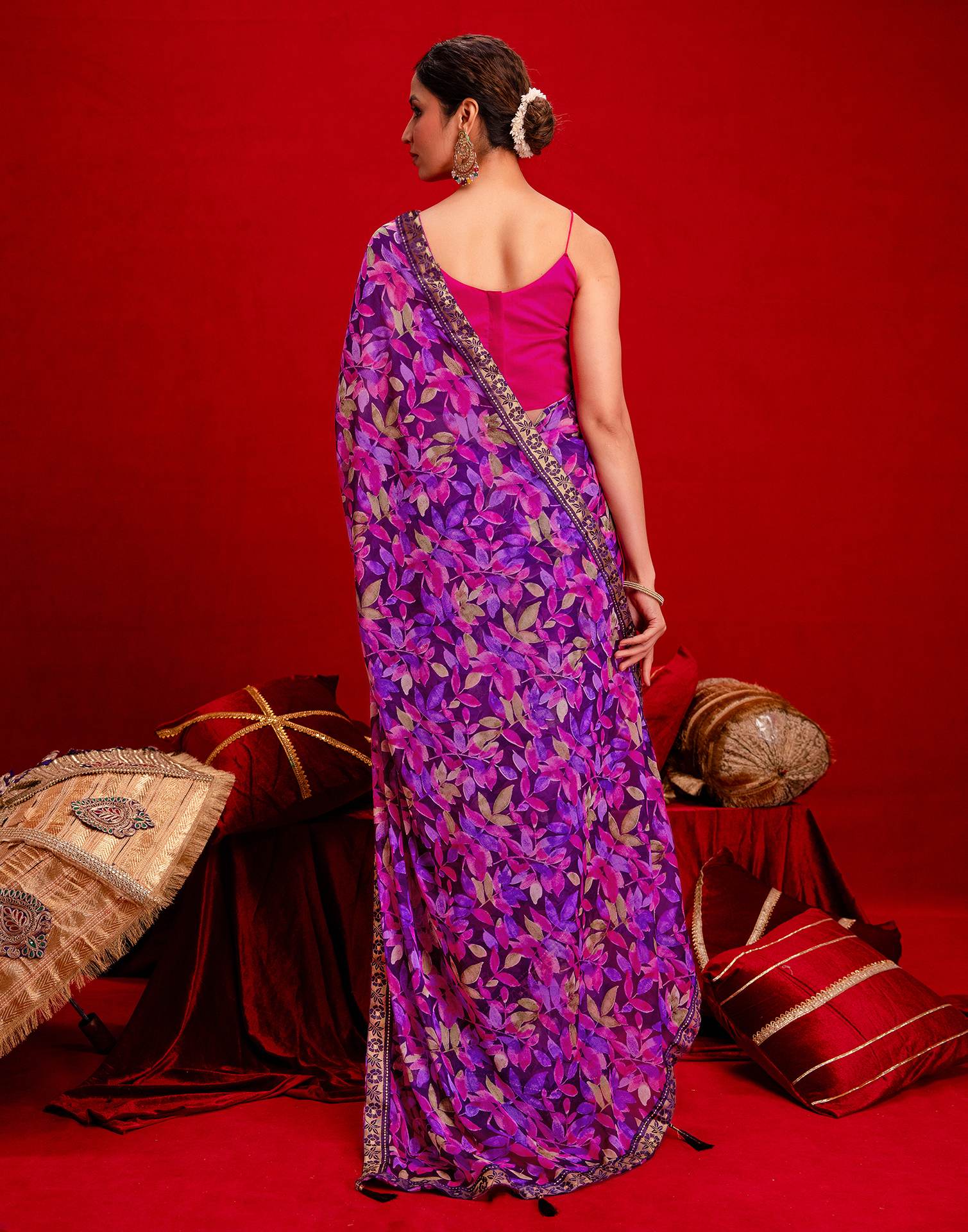 Dark Purple Chiffon Printed Saree - Image 8