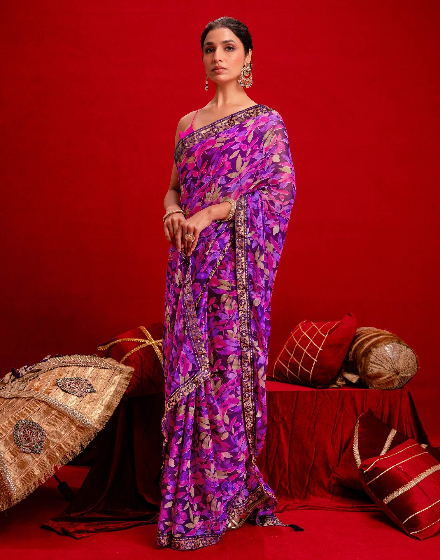 Dark Purple Chiffon Printed Saree - Image 9