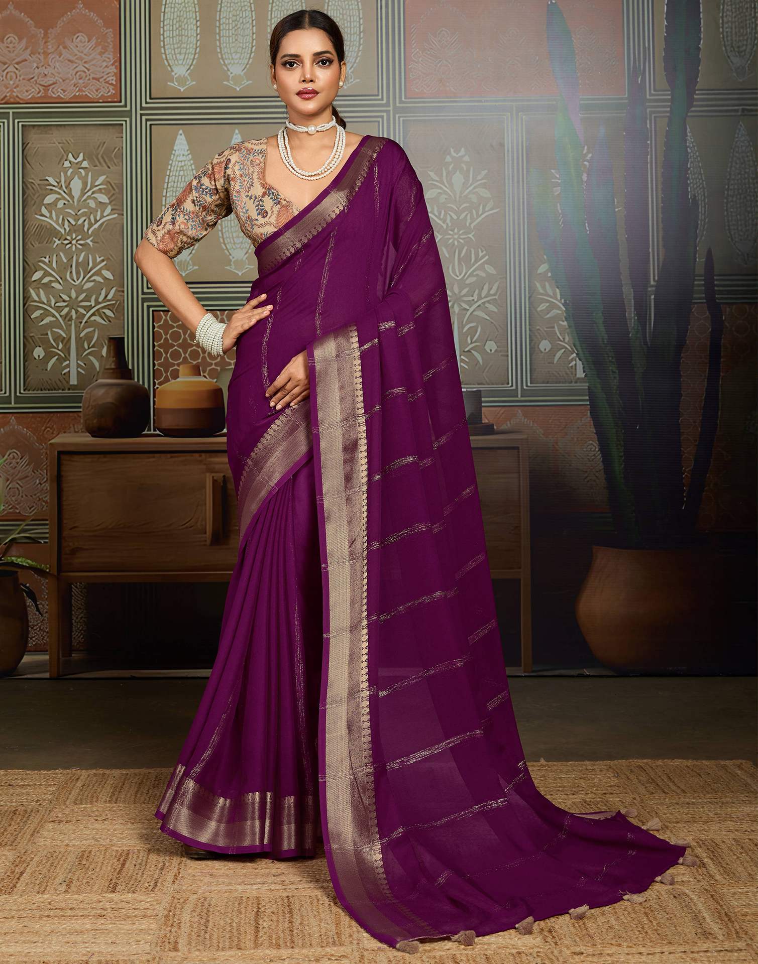 Dark Purple Chiffon Woven Zari Stripe Saree