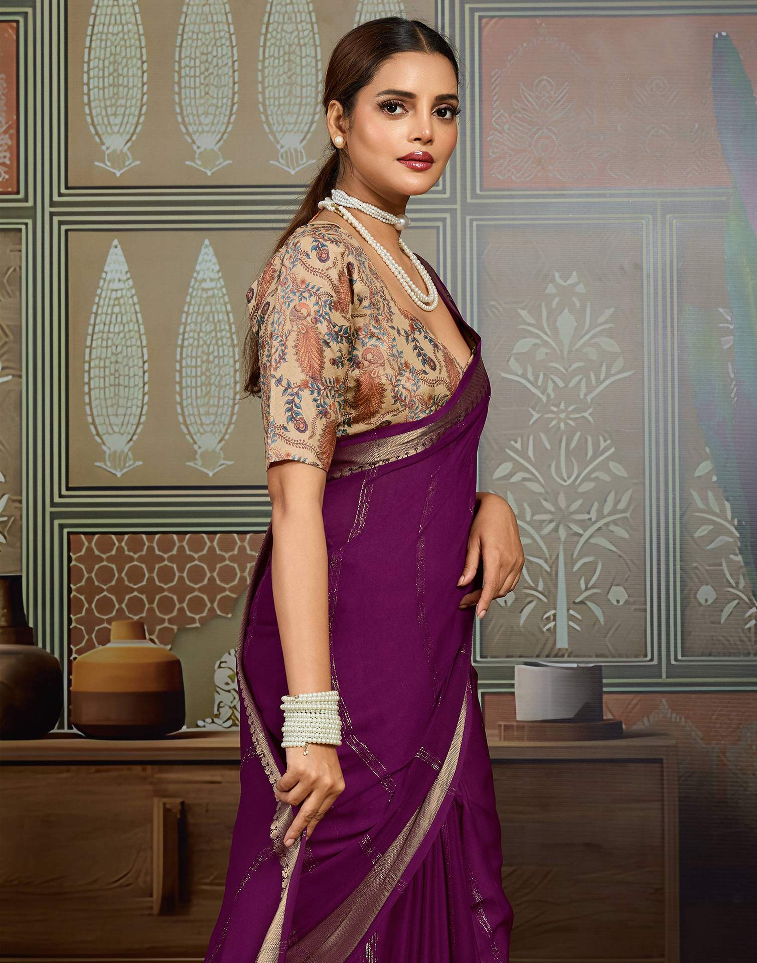 Dark Purple Chiffon Woven Zari Stripe Saree - Image 2