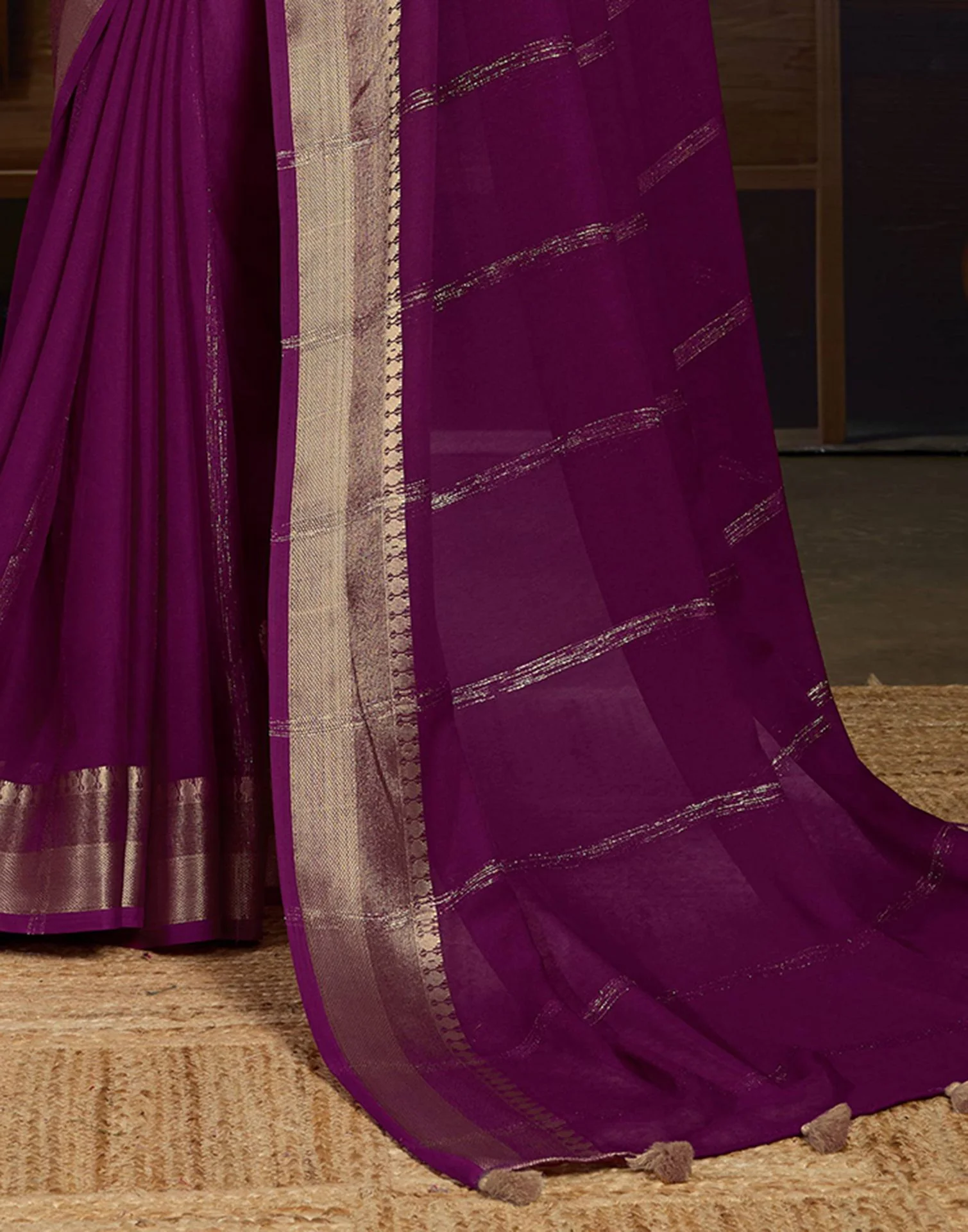 Dark Purple Chiffon Woven Zari Stripe Saree - Image 4