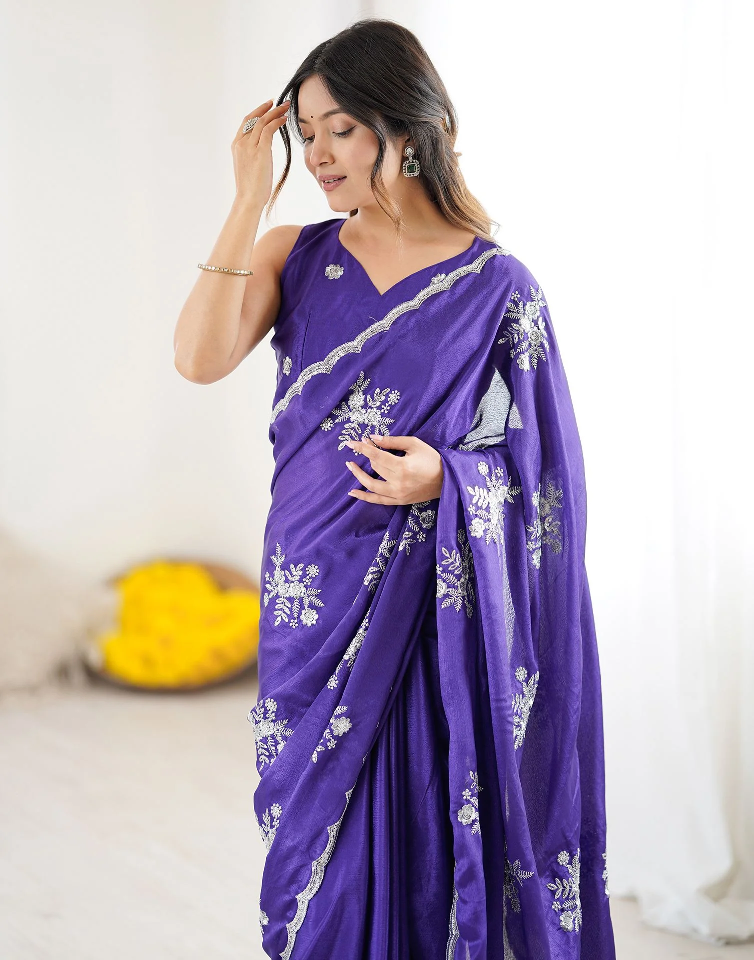 Dark Purple Chinnon Sequence Embroidery Saree - Image 5