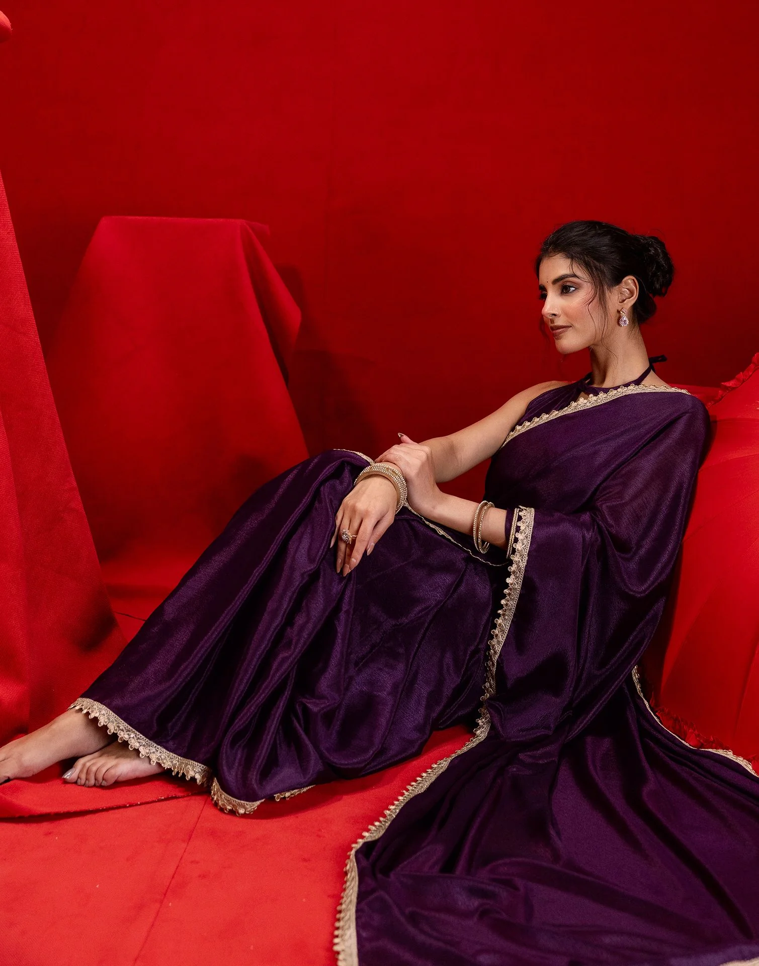 Dark Purple Chinon Lace Saree - Image 4