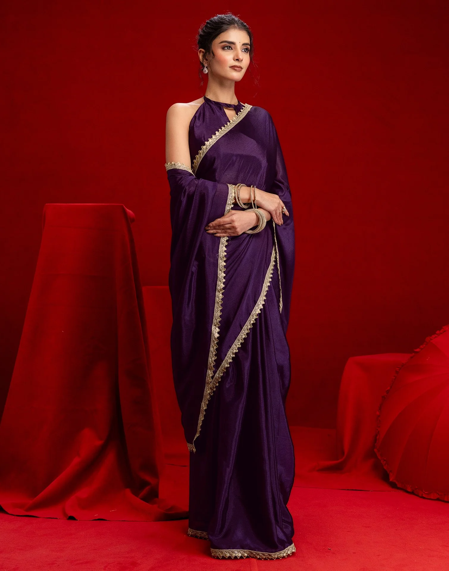 Dark Purple Chinon Lace Saree - Image 7