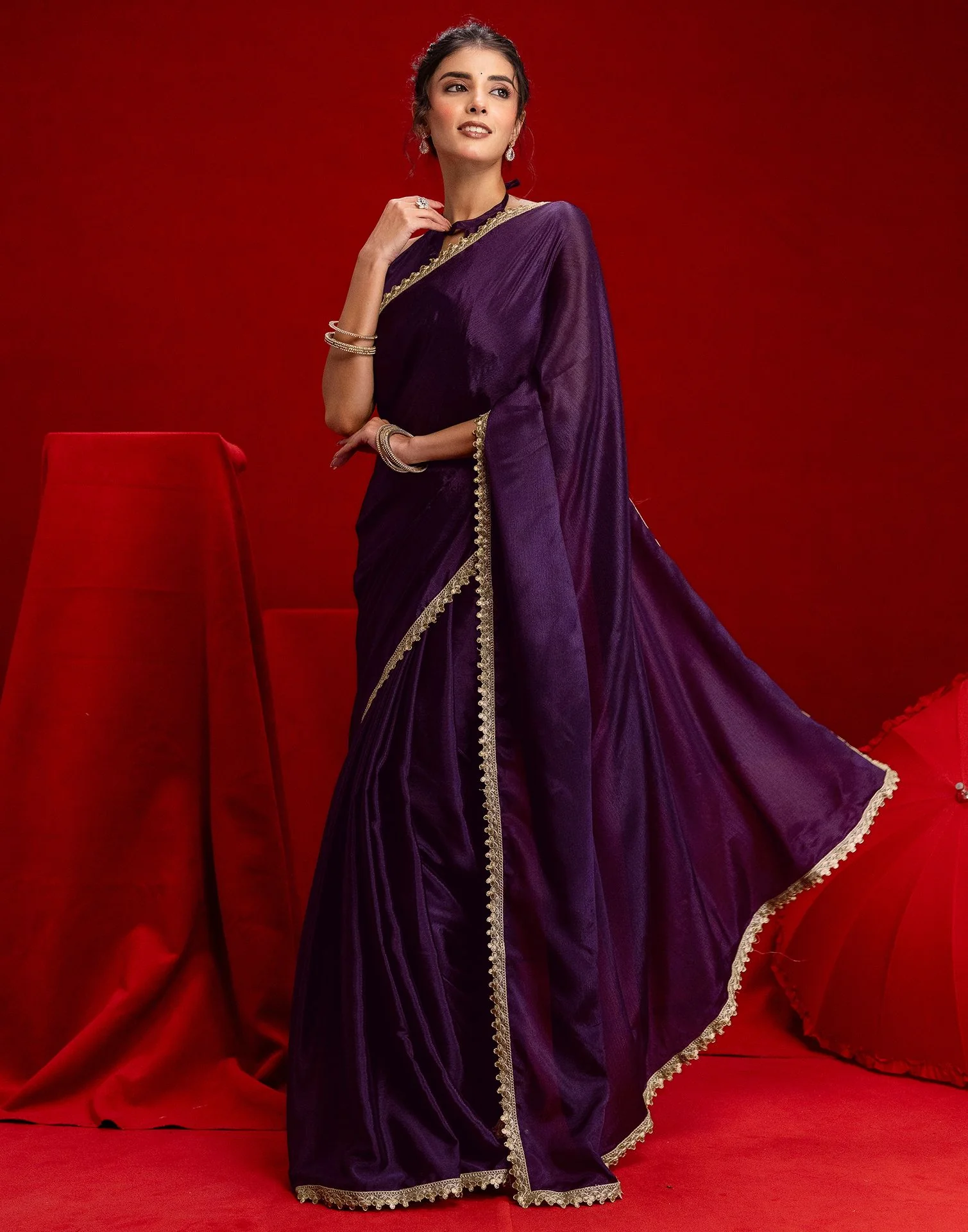 Dark Purple Chinon Lace Saree - Image 9