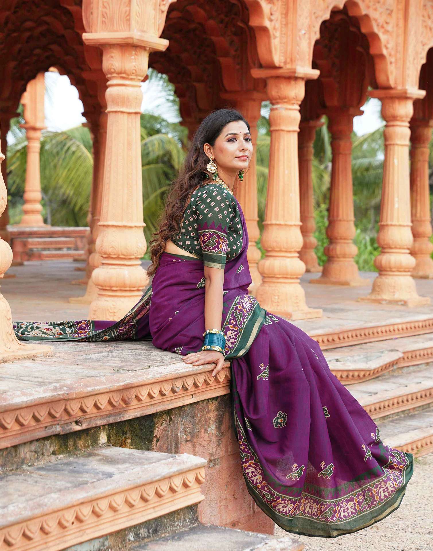Dark Purple Cotton Printed Patola Saree - Image 2