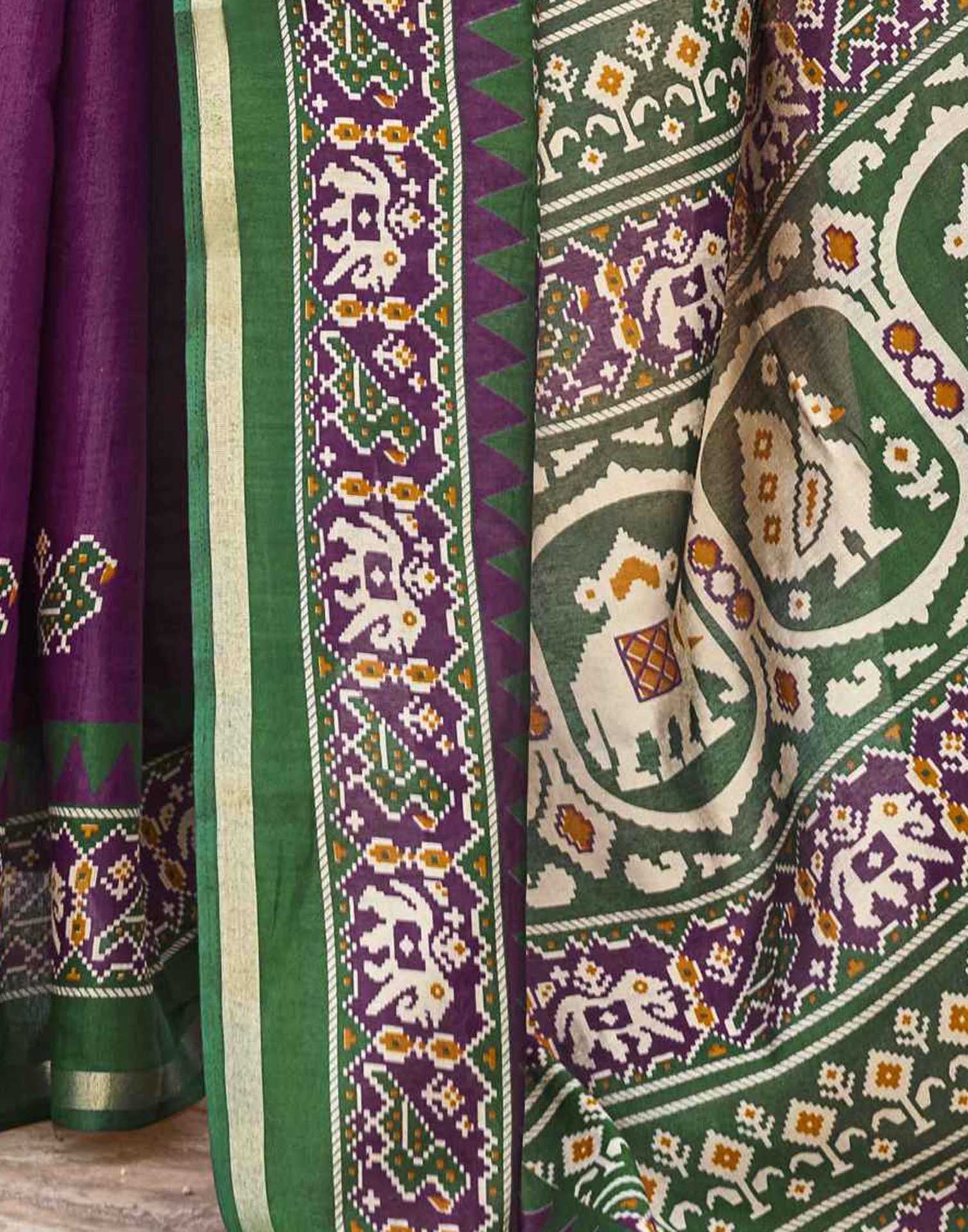 Dark Purple Cotton Printed Patola Saree - Image 4