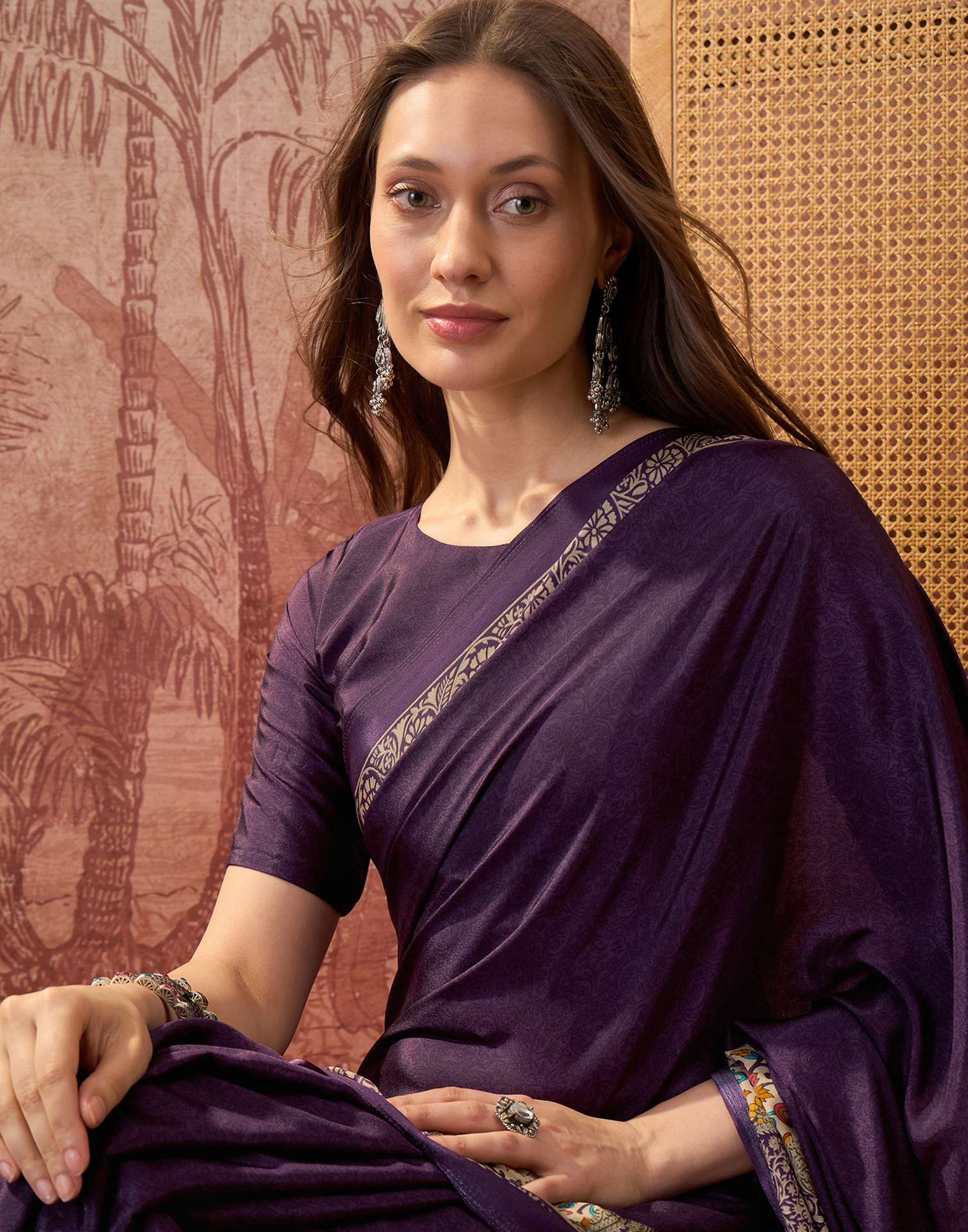 Dark Purple Crepe Silk Printed Saree - Image 2