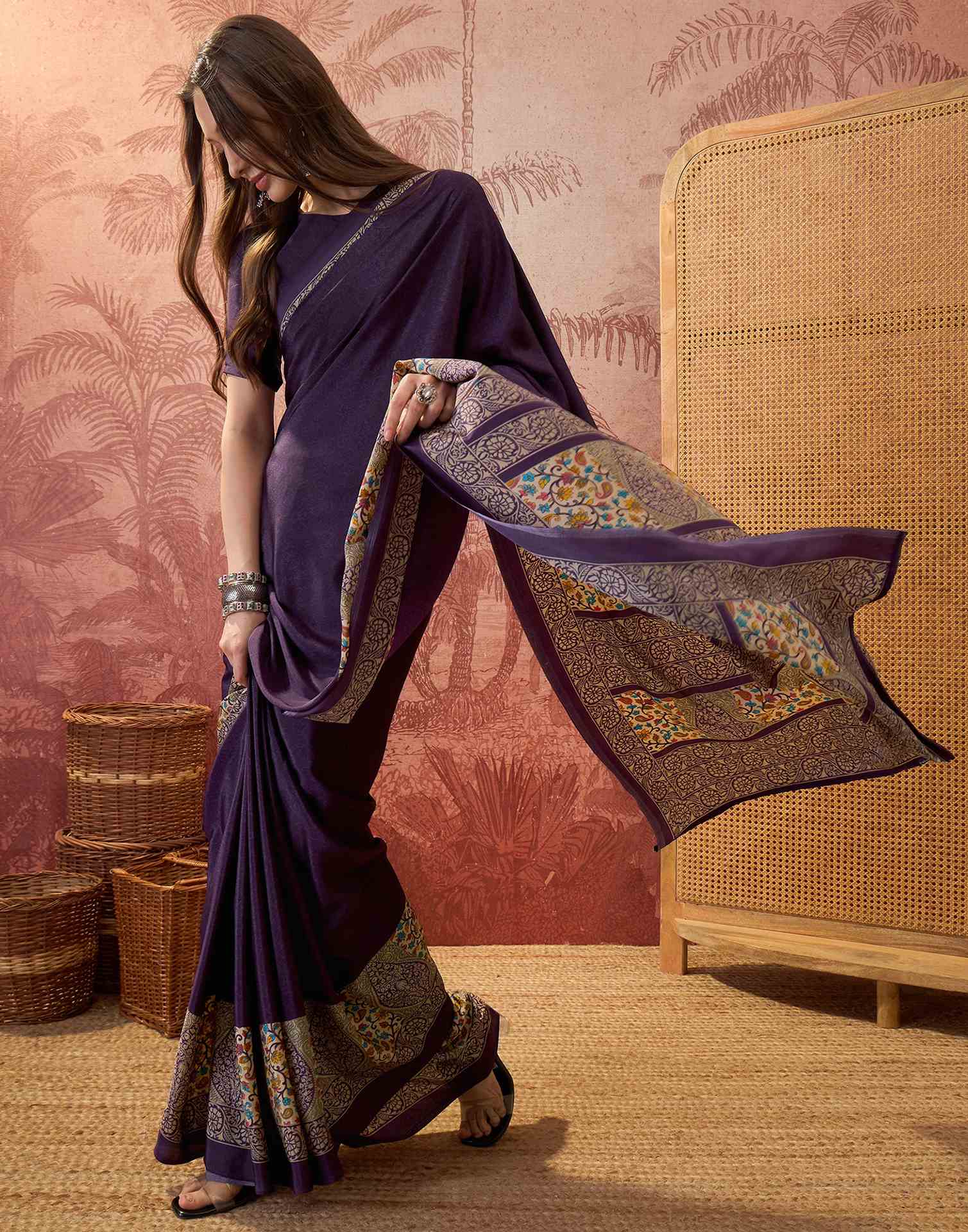 Dark Purple Crepe Silk Printed Saree - Image 5