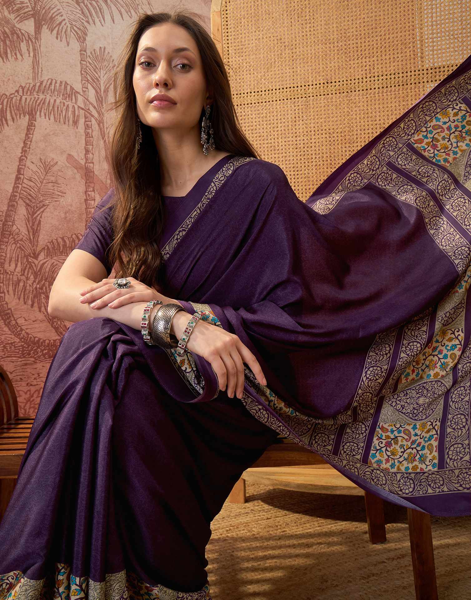 Dark Purple Crepe Silk Printed Saree - Image 7
