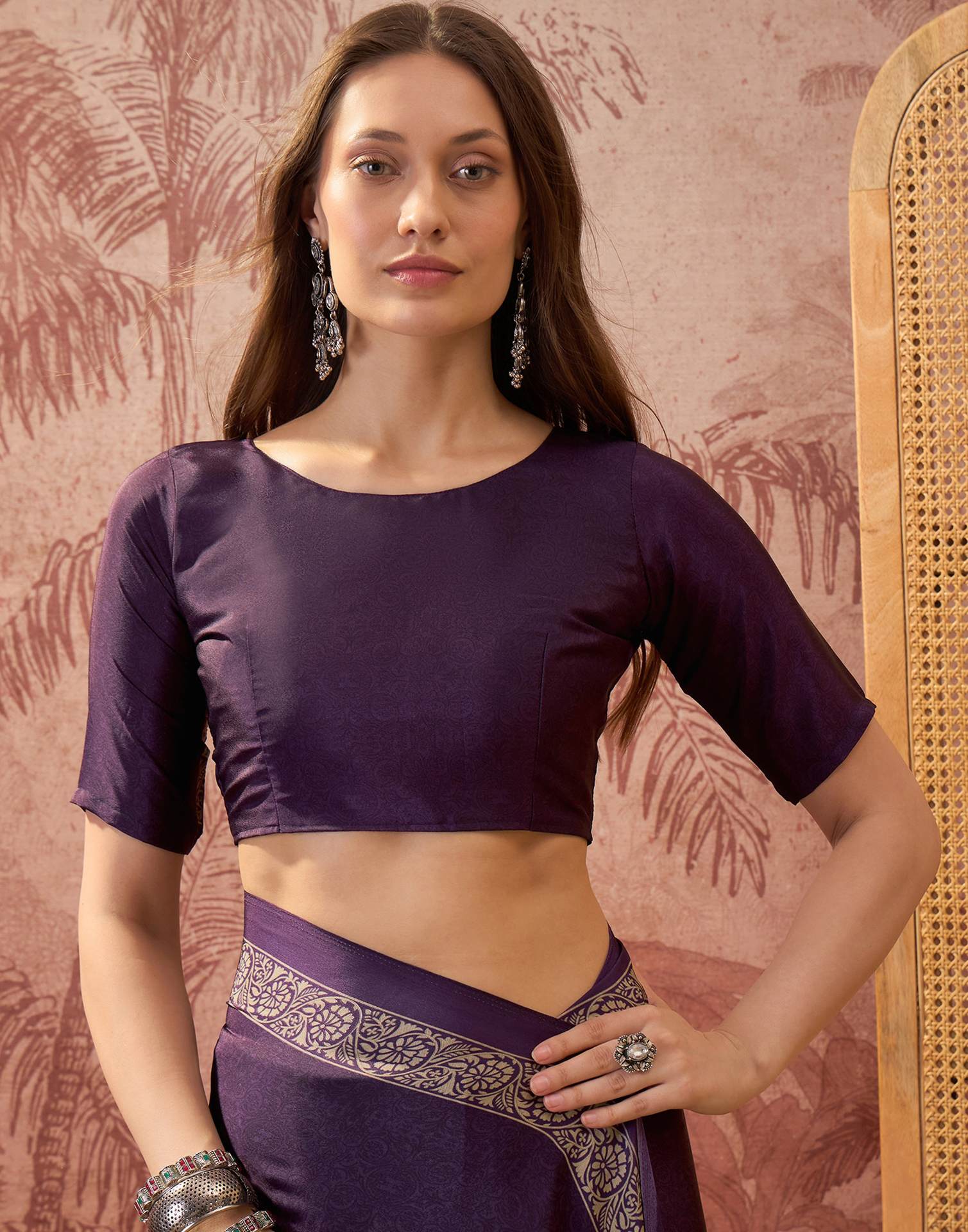 Dark Purple Crepe Silk Printed Saree - Image 9
