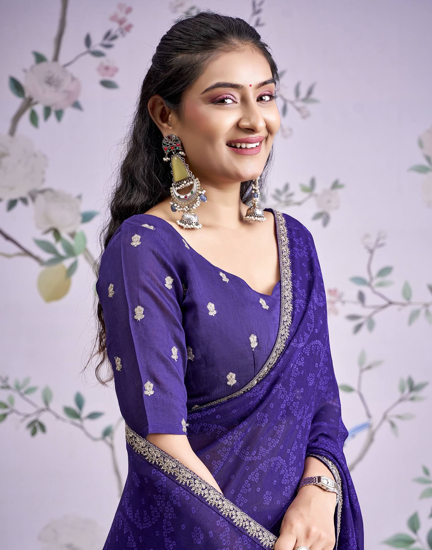 Dark Purple Georgette Bandhani Printed Lace Saree - Image 2