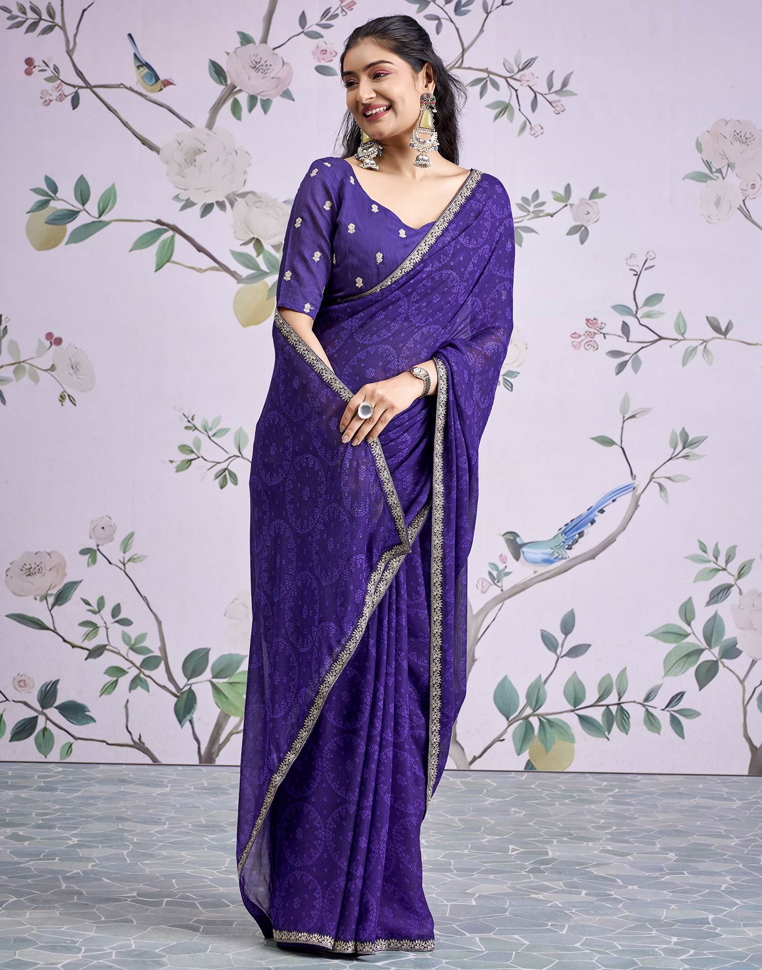 Dark Purple Georgette Bandhani Printed Lace Saree - Image 4