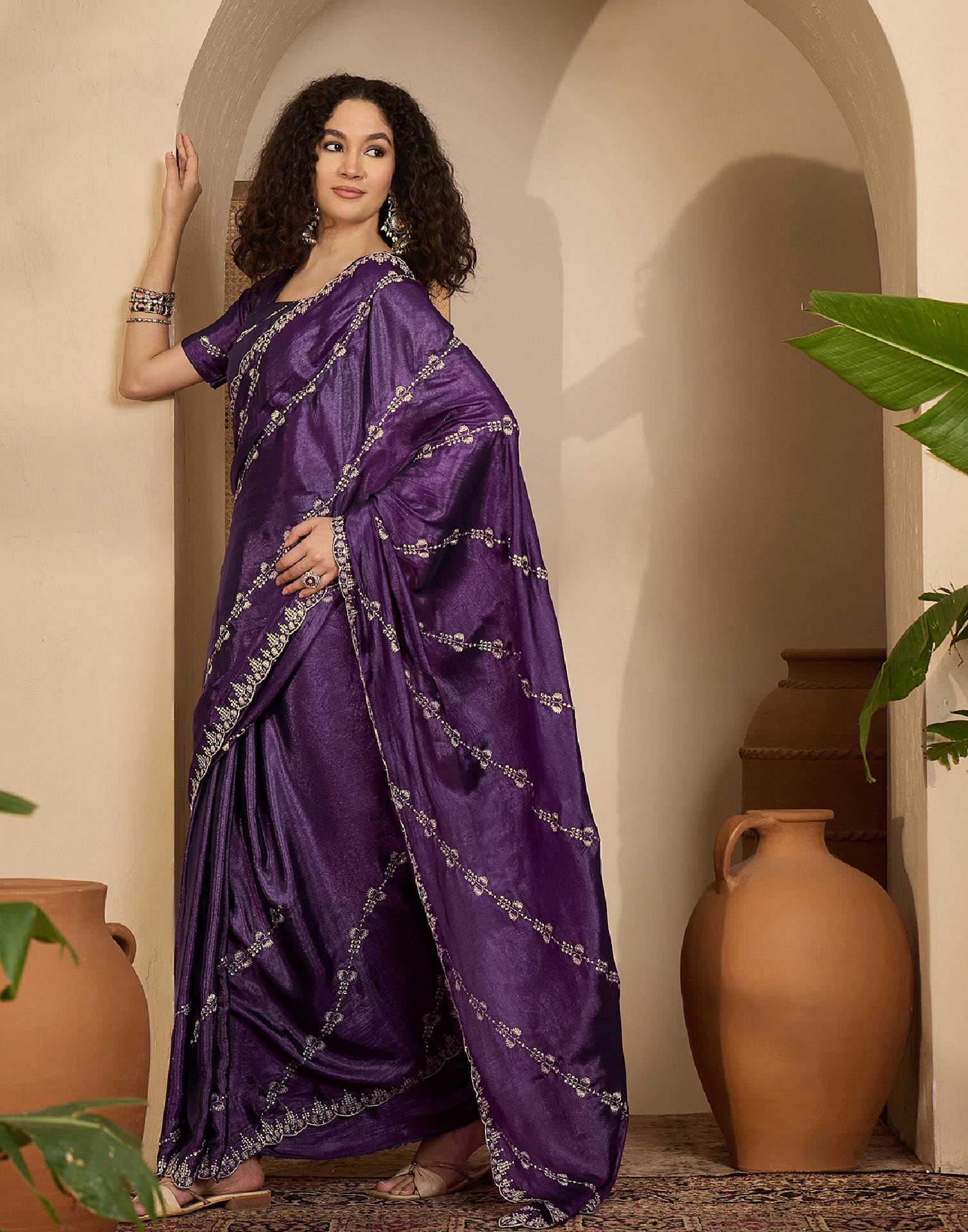 Dark Purple Georgette Embroidery Saree - Image 4