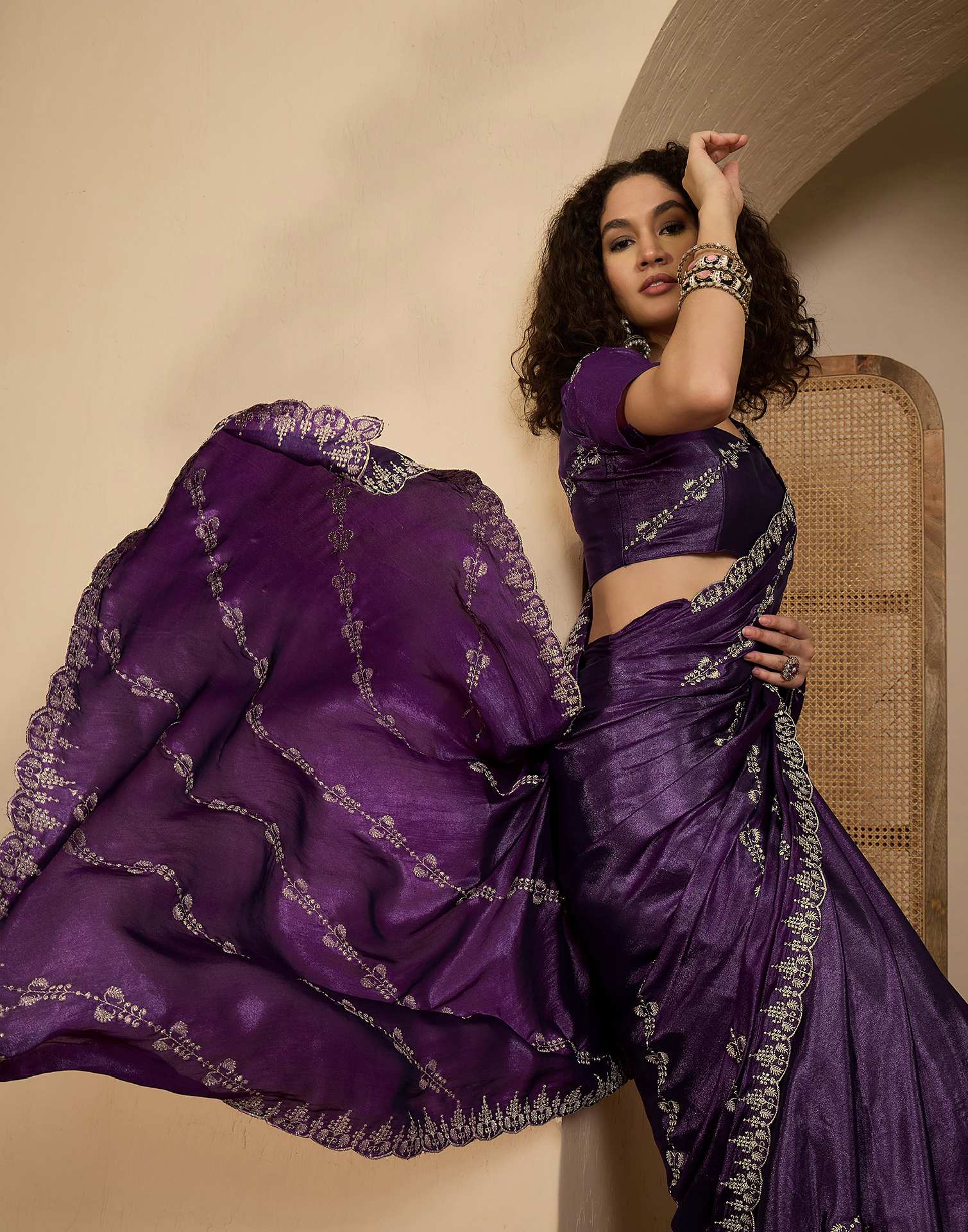 Dark Purple Georgette Embroidery Saree - Image 7