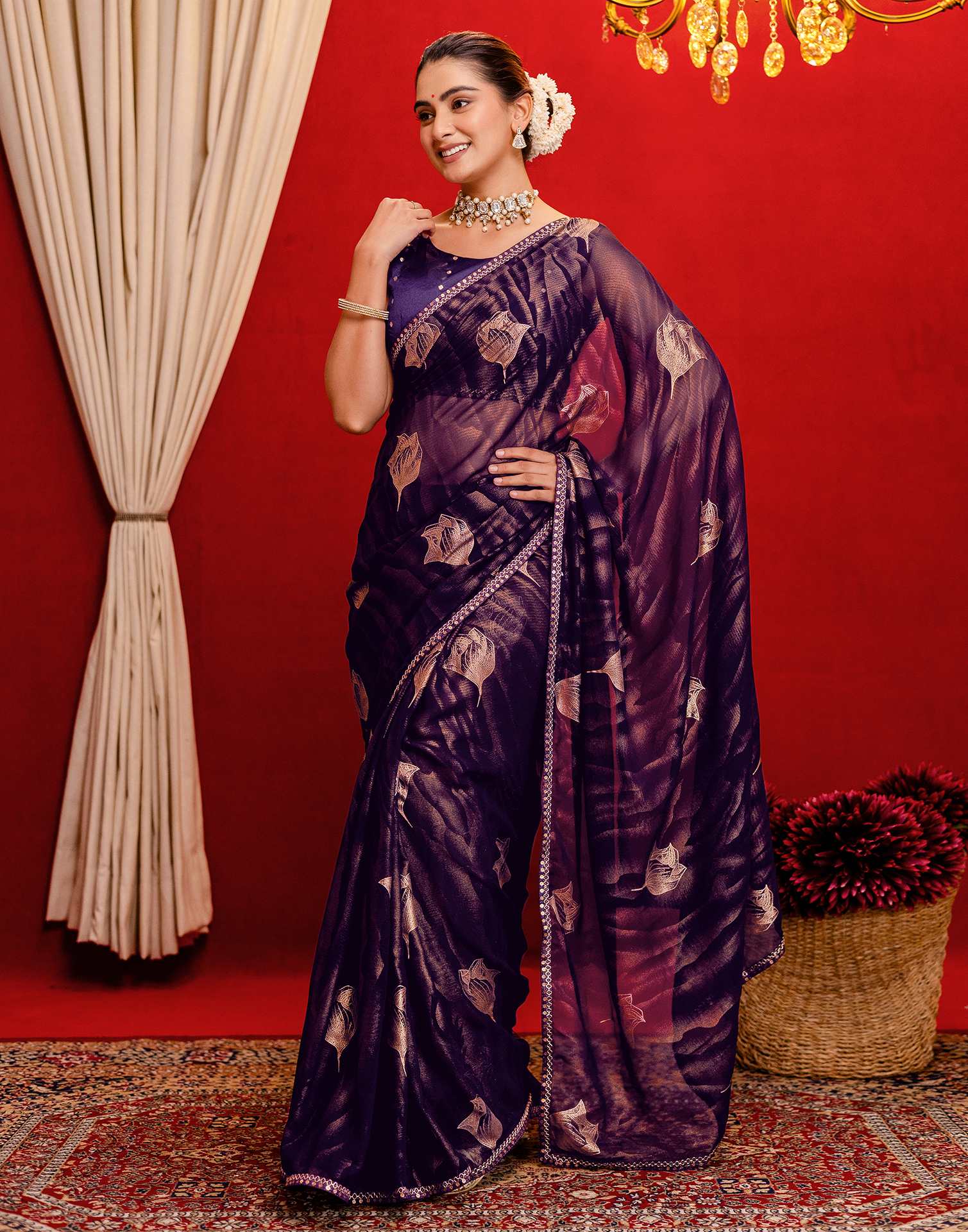 Dark Purple Georgette Foil Printed Lace Saree - Image 4