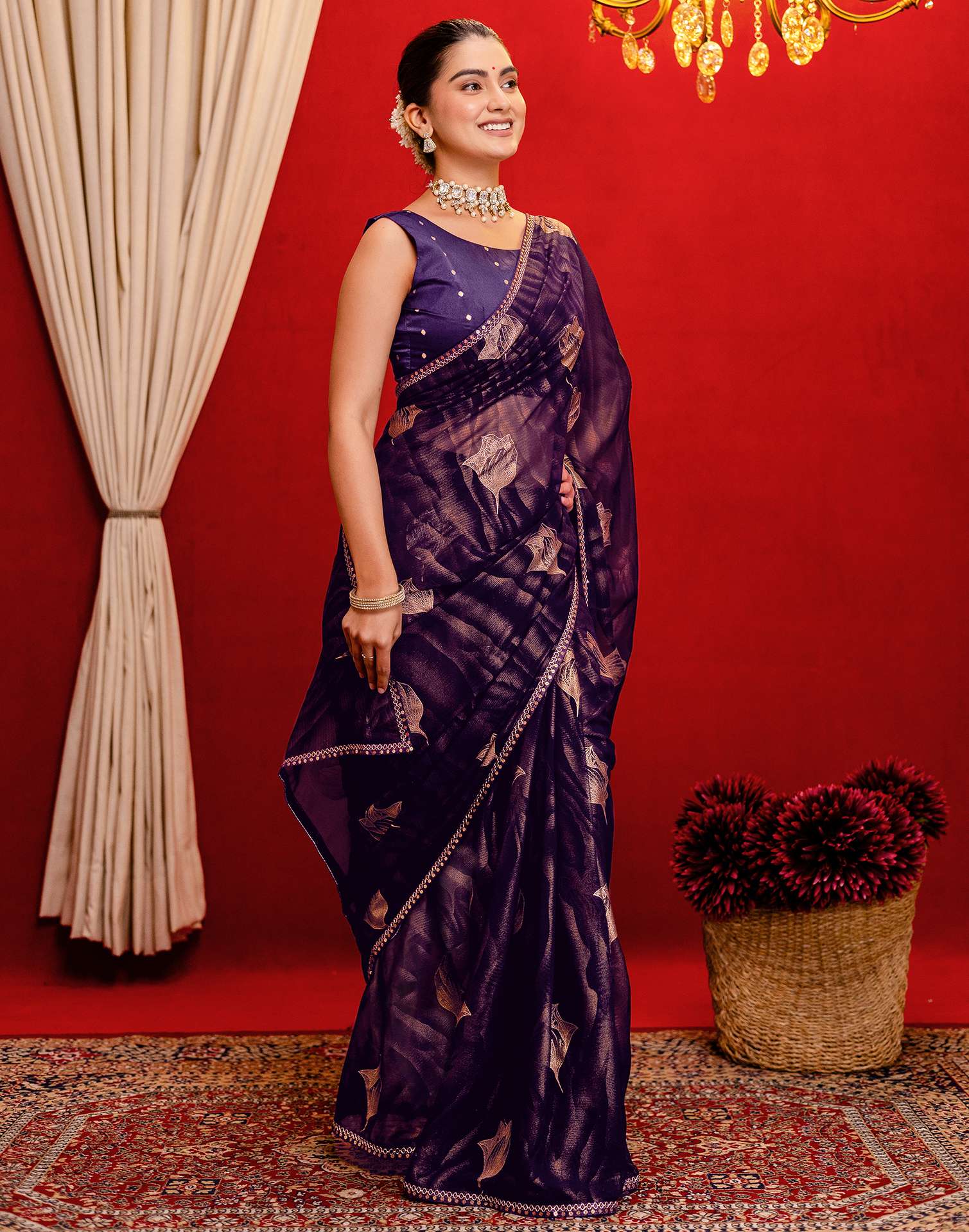 Dark Purple Georgette Foil Printed Lace Saree - Image 5