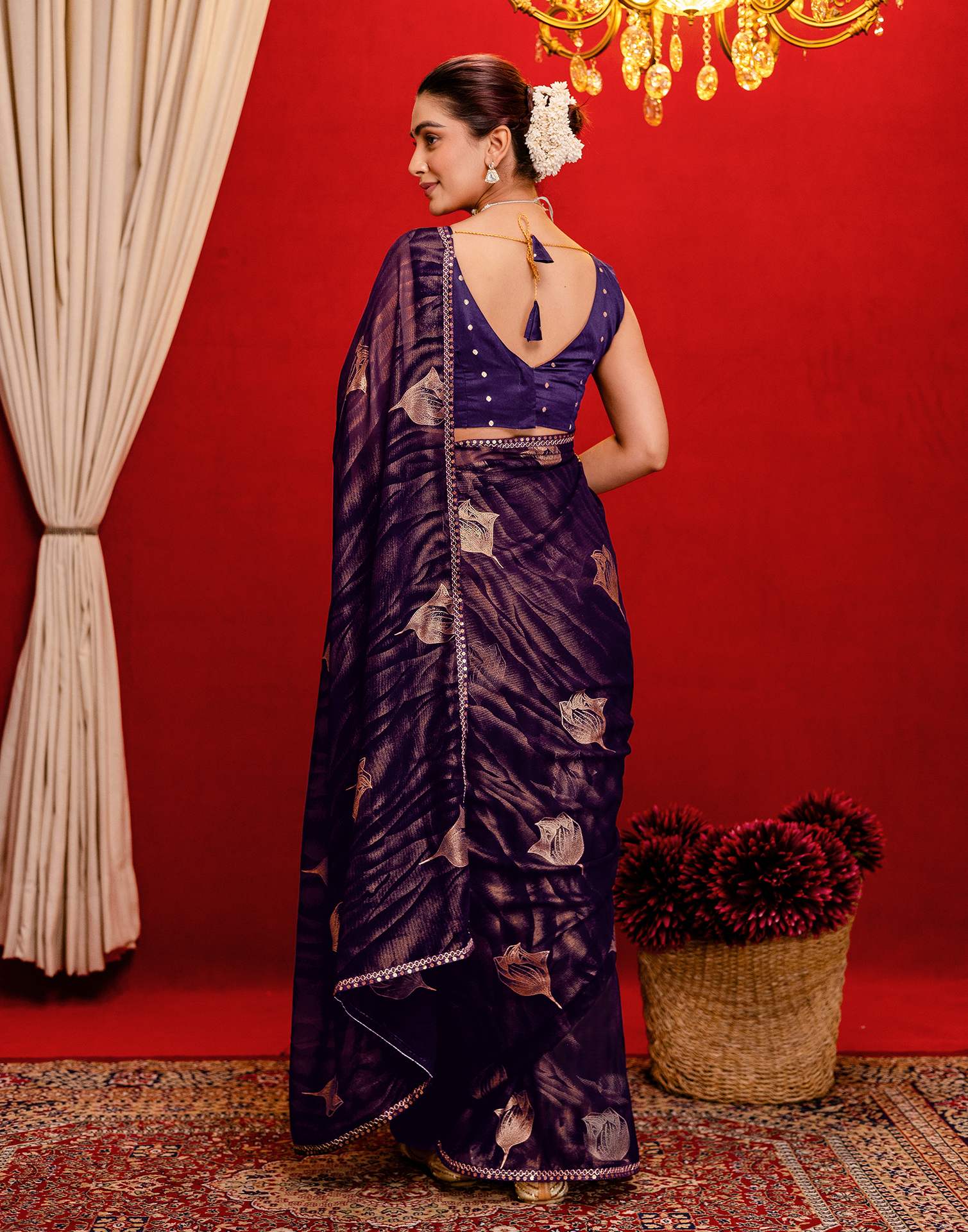 Dark Purple Georgette Foil Printed Lace Saree - Image 6