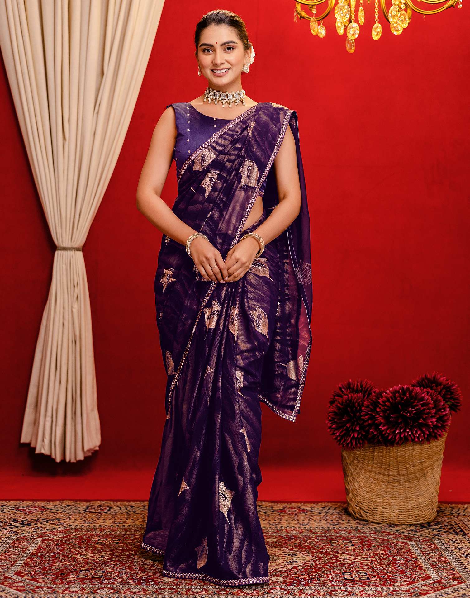 Dark Purple Georgette Foil Printed Lace Saree - Image 7