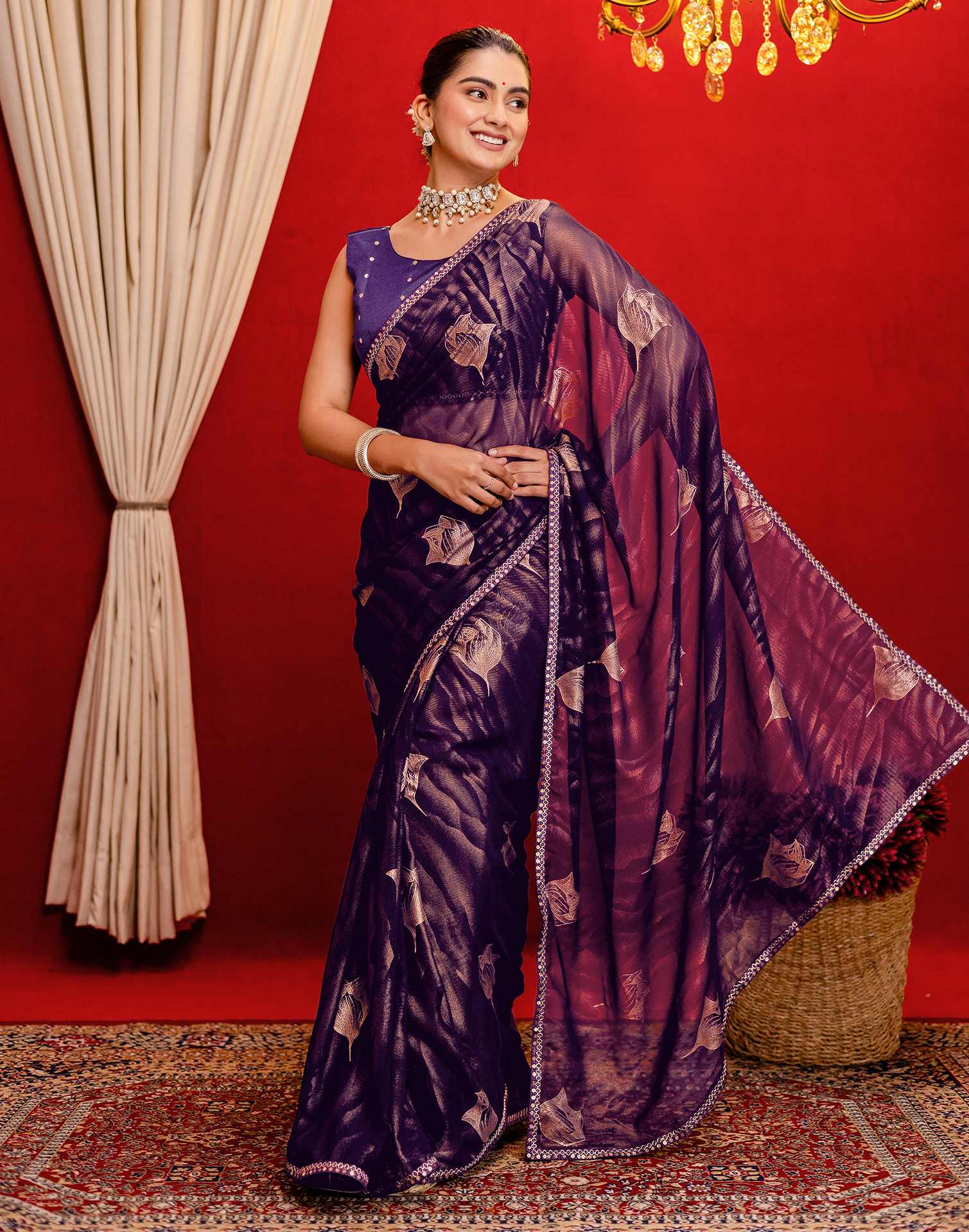 Dark Purple Georgette Foil Printed Lace Saree - Image 8