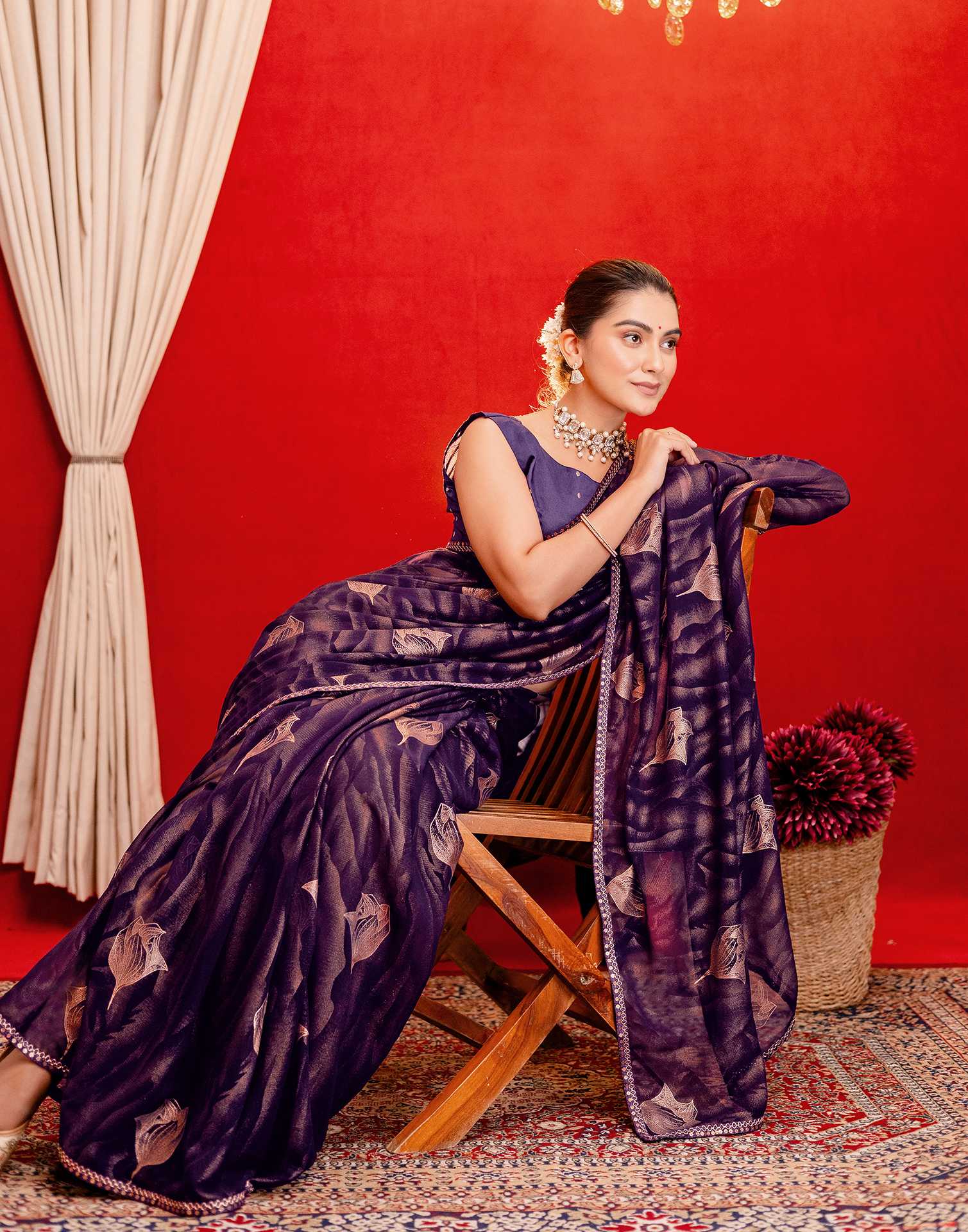 Dark Purple Georgette Foil Printed Lace Saree - Image 9