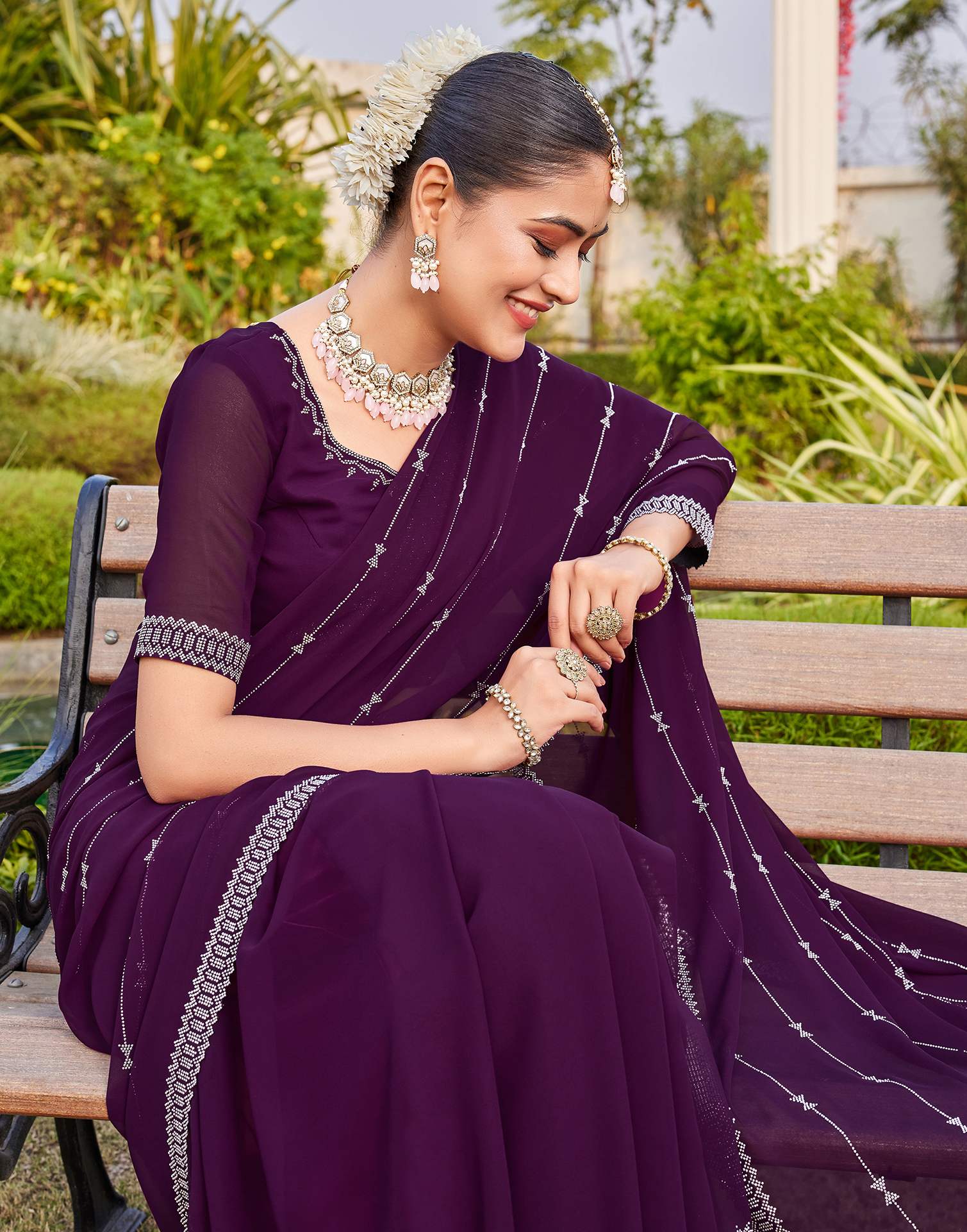 Dark Purple Georgette Stone Work Embellished Saree - Image 2