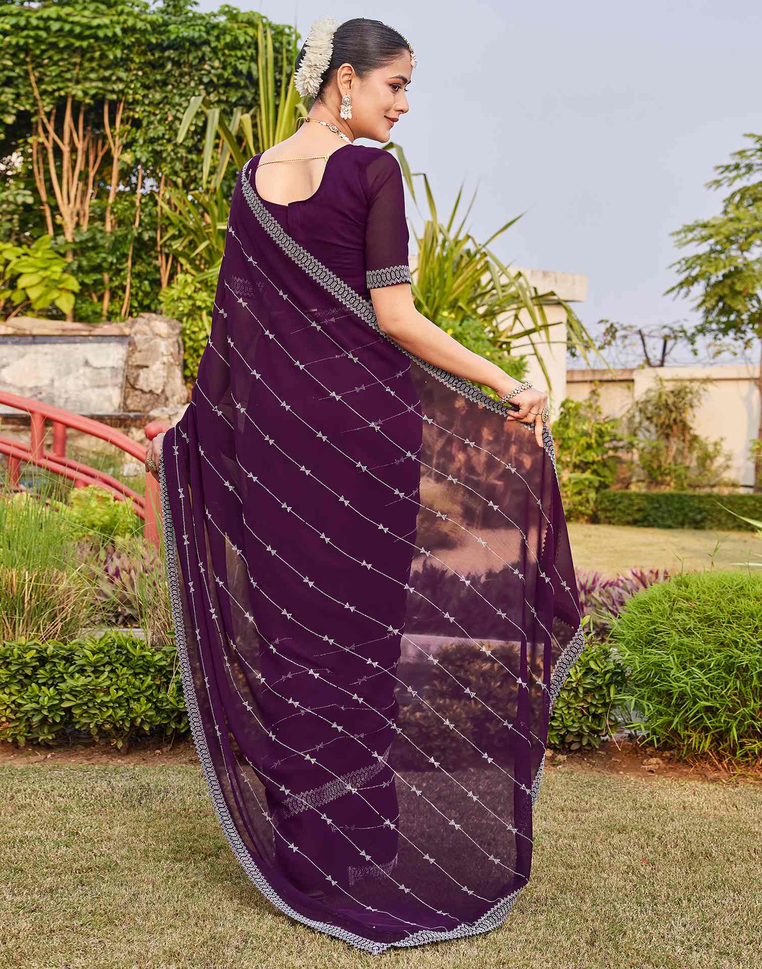 Dark Purple Georgette Stone Work Embellished Saree - Image 6
