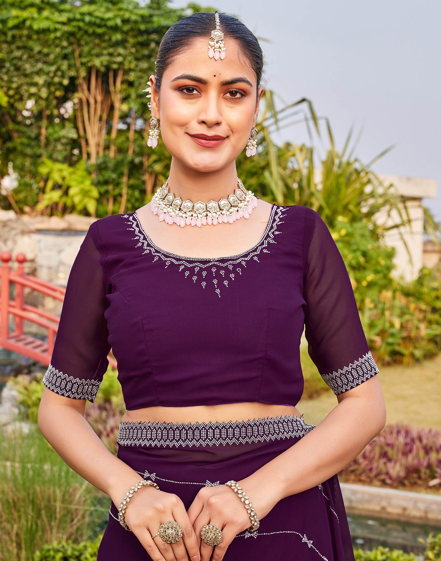 Dark Purple Georgette Stone Work Embellished Saree - Image 8