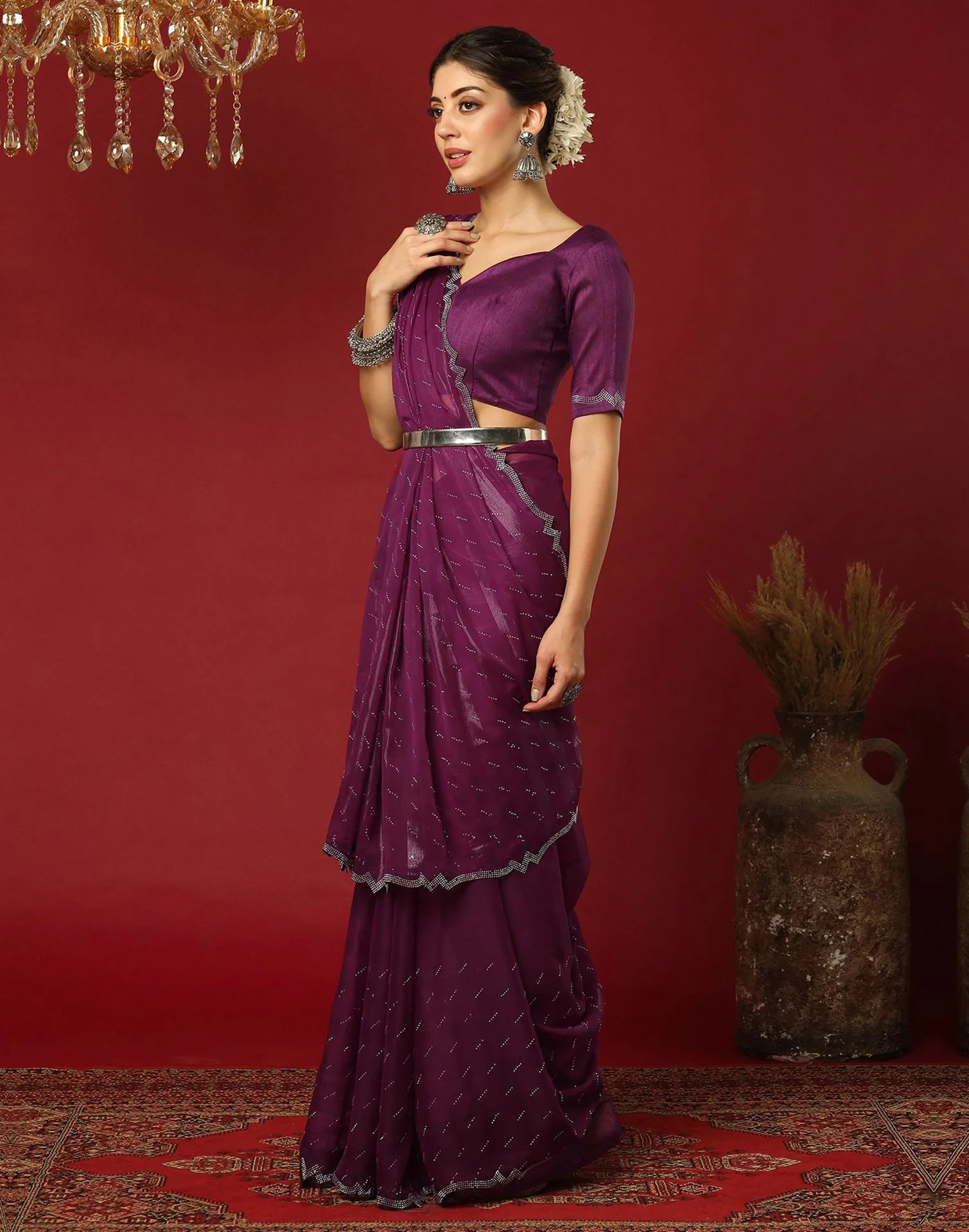 Dark Purple Georgette Stone Work Swarovski Saree - Image 2