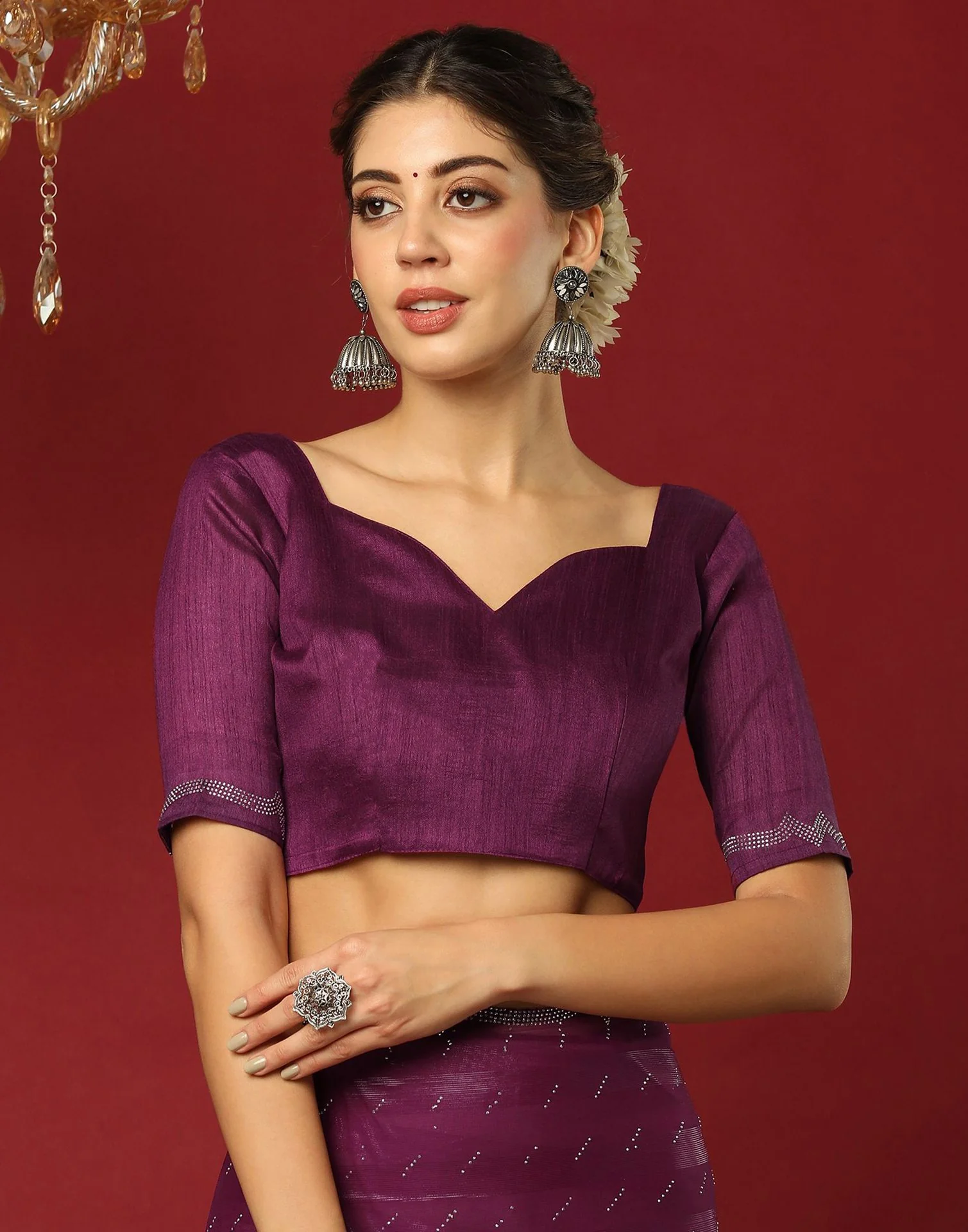 Dark Purple Georgette Stone Work Swarovski Saree - Image 6