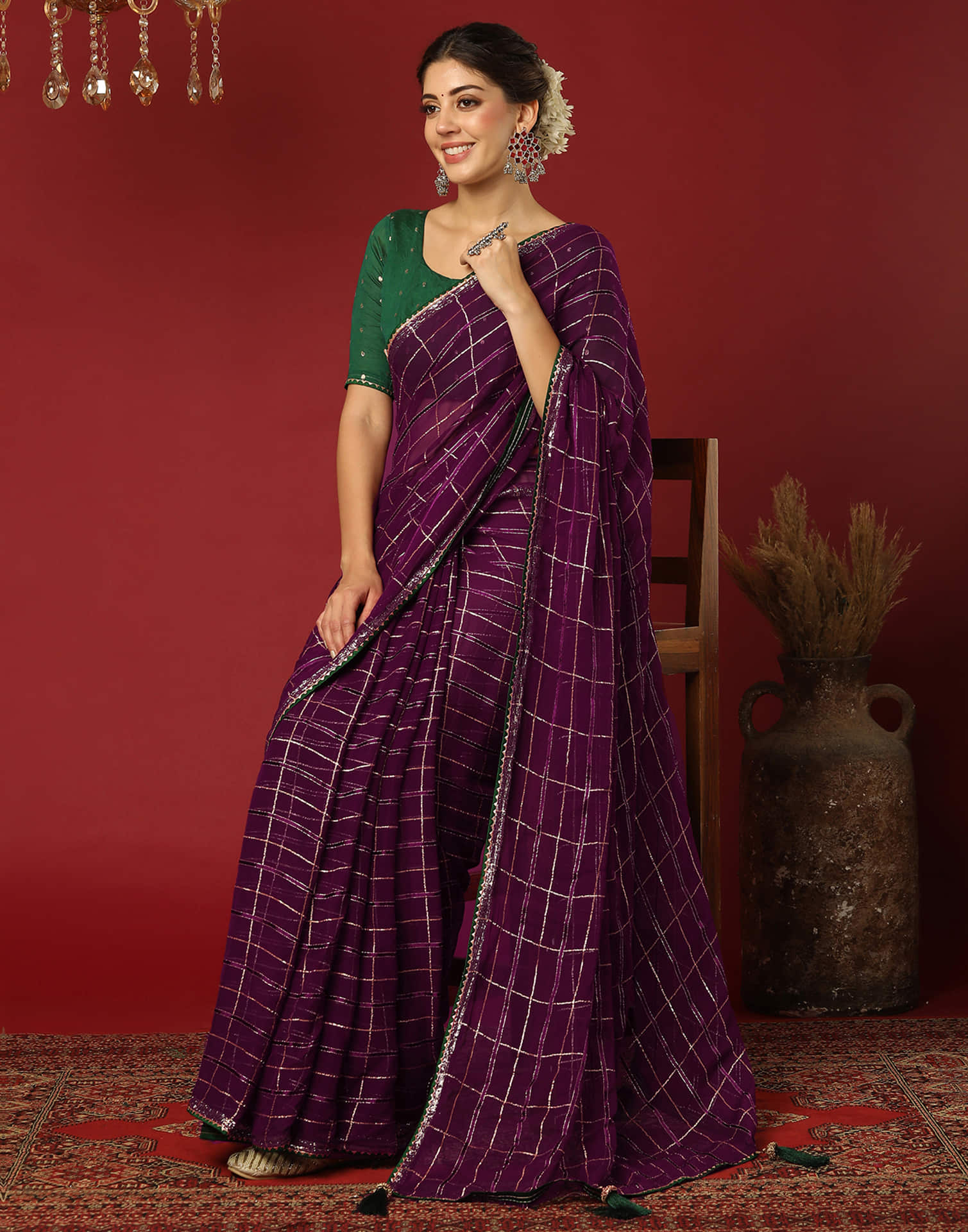 Dark Purple Georgette Woven Zari Stripe Saree - Image 4