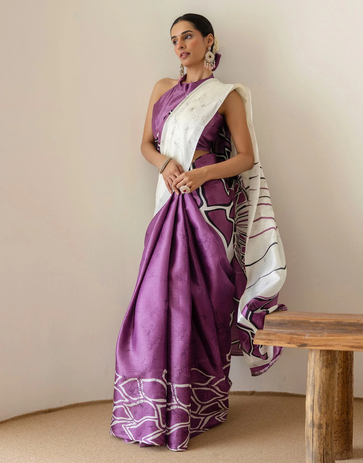 Dark Purple Khadi Printed Saree - Image 5